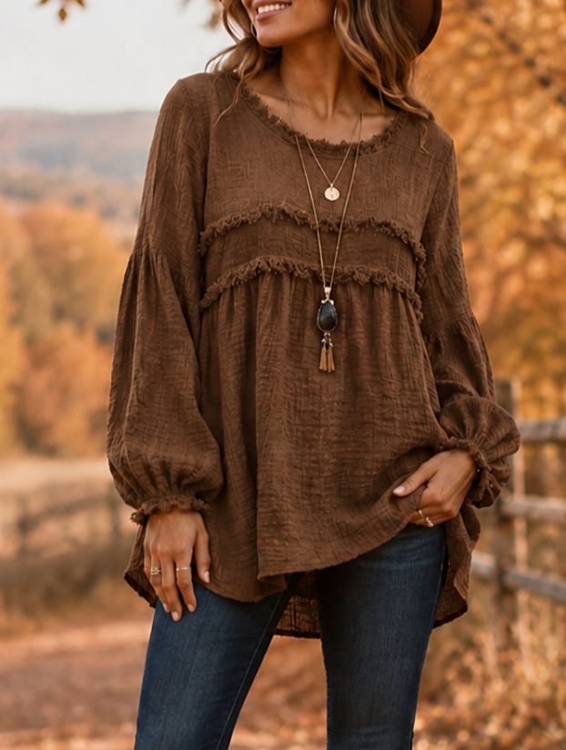 🍂 Women’s Casual Fringe Patchwork Top Long Sleeve Loose Tunic Blouse