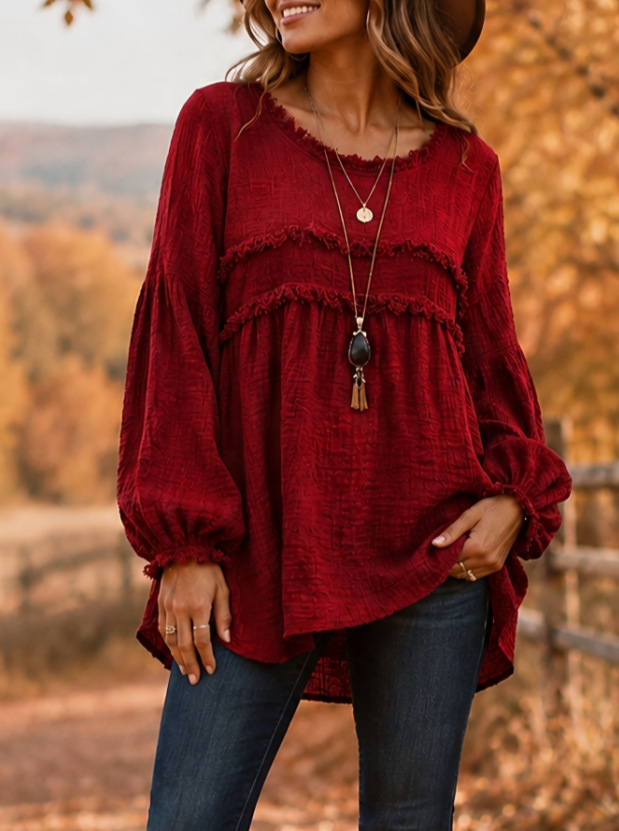 🍂 Women’s Casual Fringe Patchwork Top Long Sleeve Loose Tunic Blouse