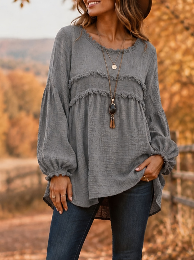 🍂 Women’s Casual Fringe Patchwork Top Long Sleeve Loose Tunic Blouse