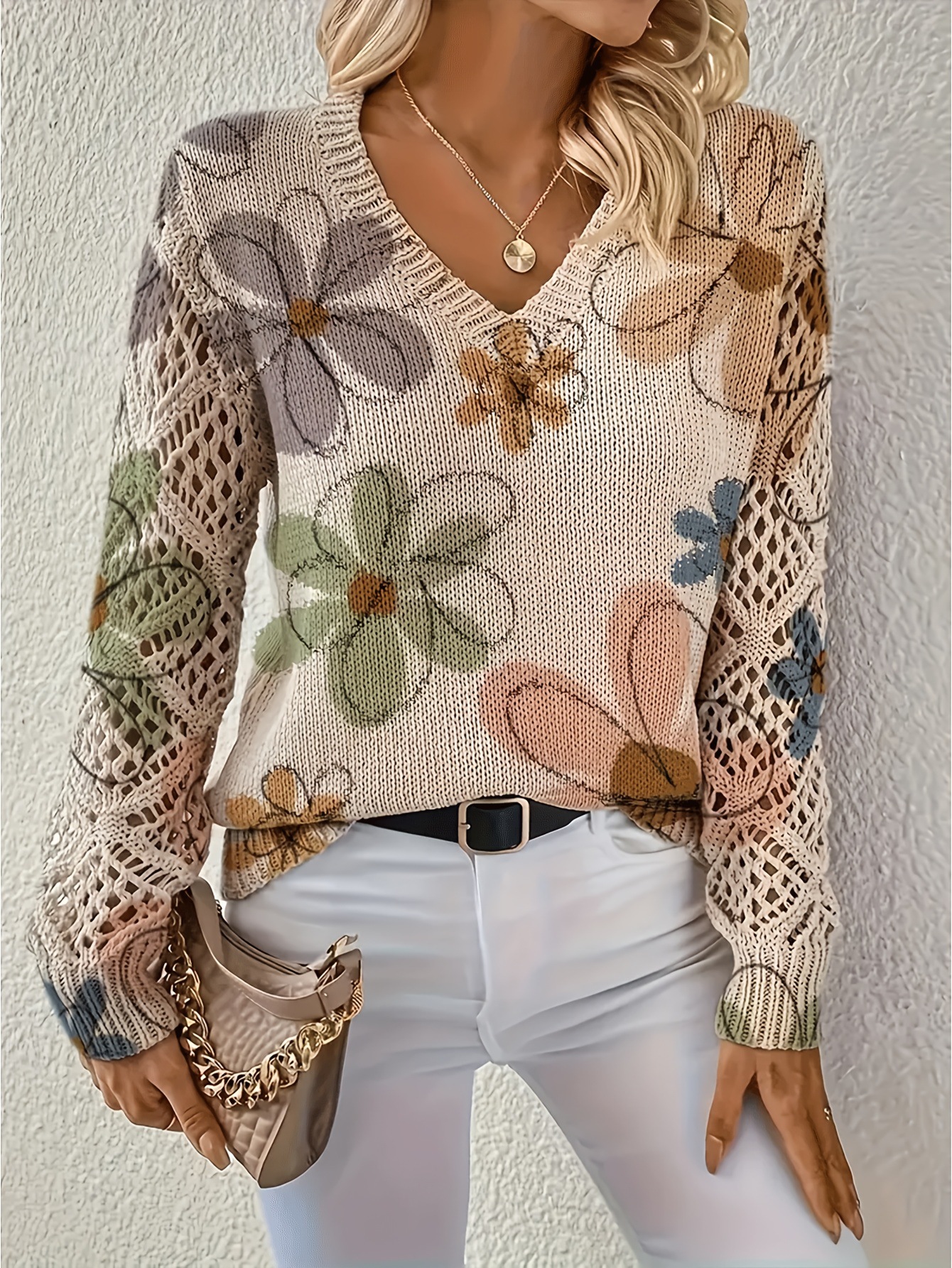 Floral V-Neck Openwork Sleeve Knit Top