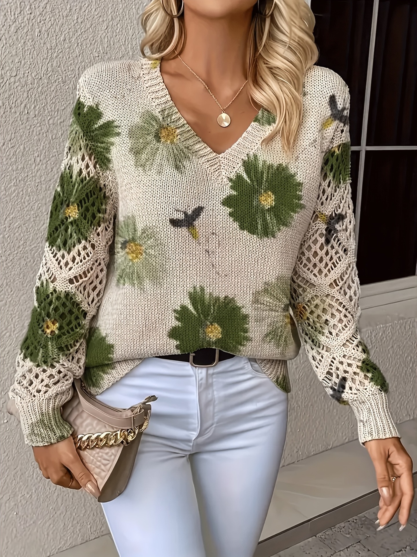 Floral V-Neck Openwork Sleeve Knit Top
