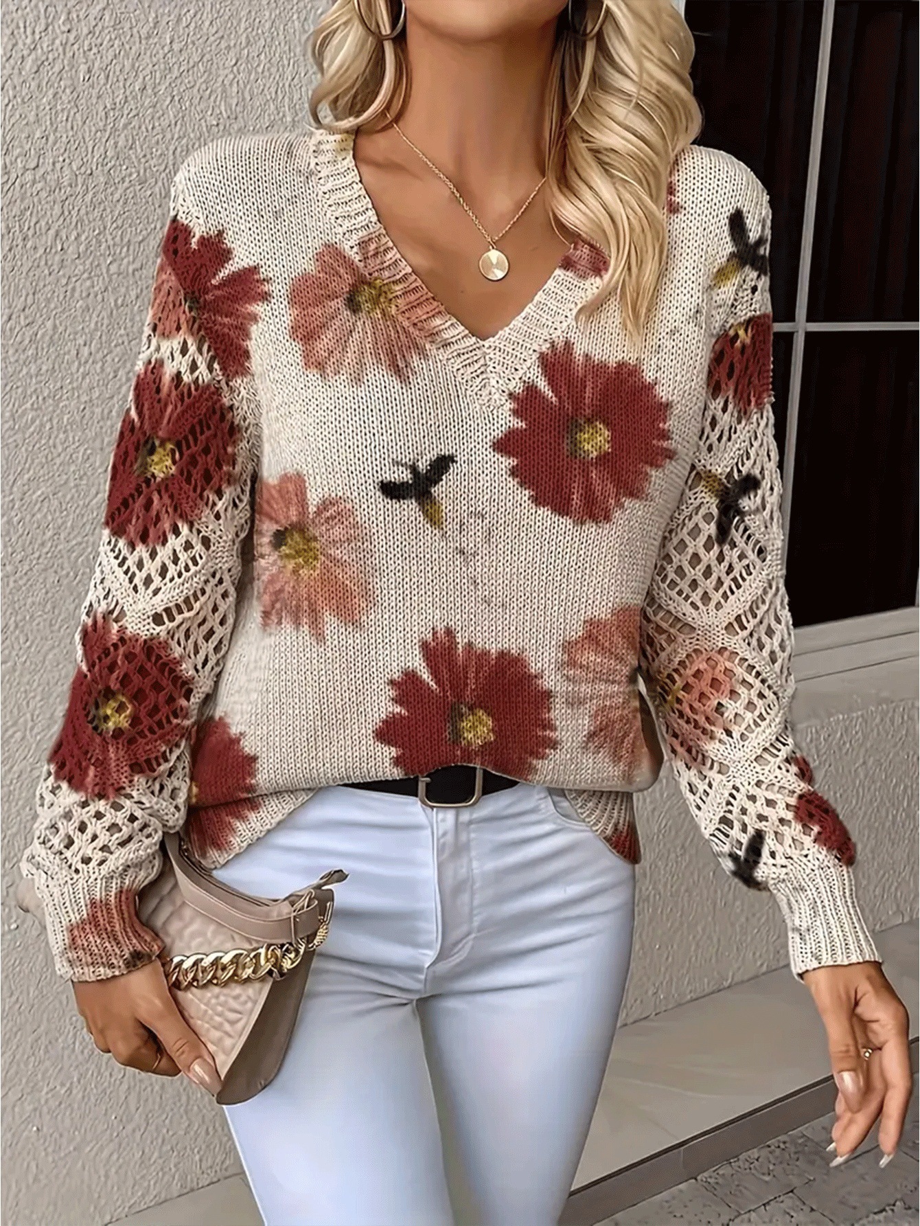 Floral V-Neck Openwork Sleeve Knit Top