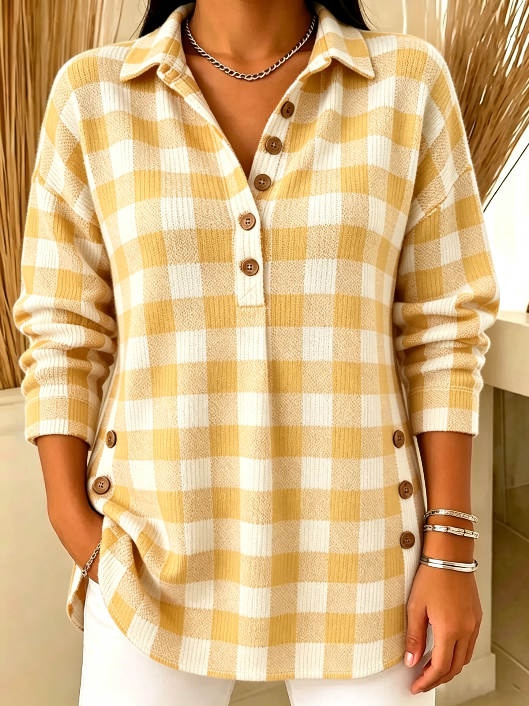 Plaid Henley Collar Knit Top