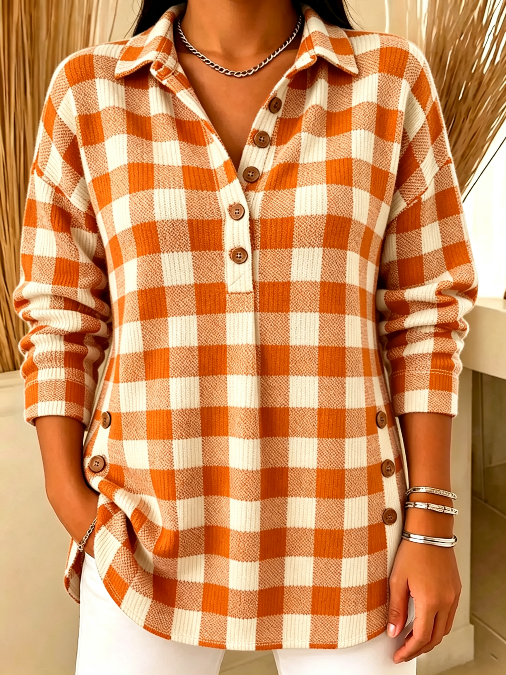 Plaid Henley Collar Knit Top