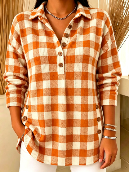 Plaid Henley Collar Knit Top