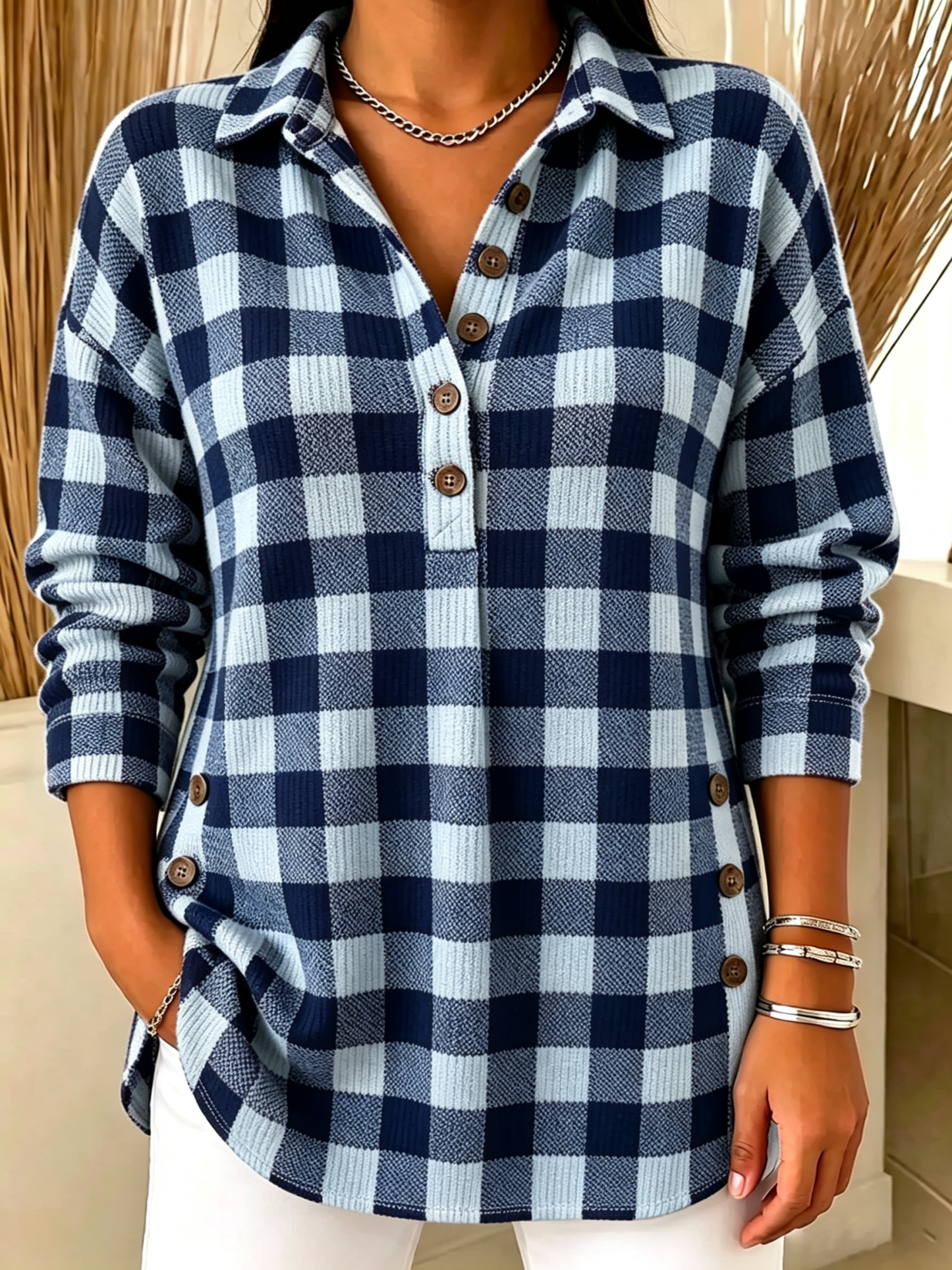 Plaid Henley Collar Knit Top