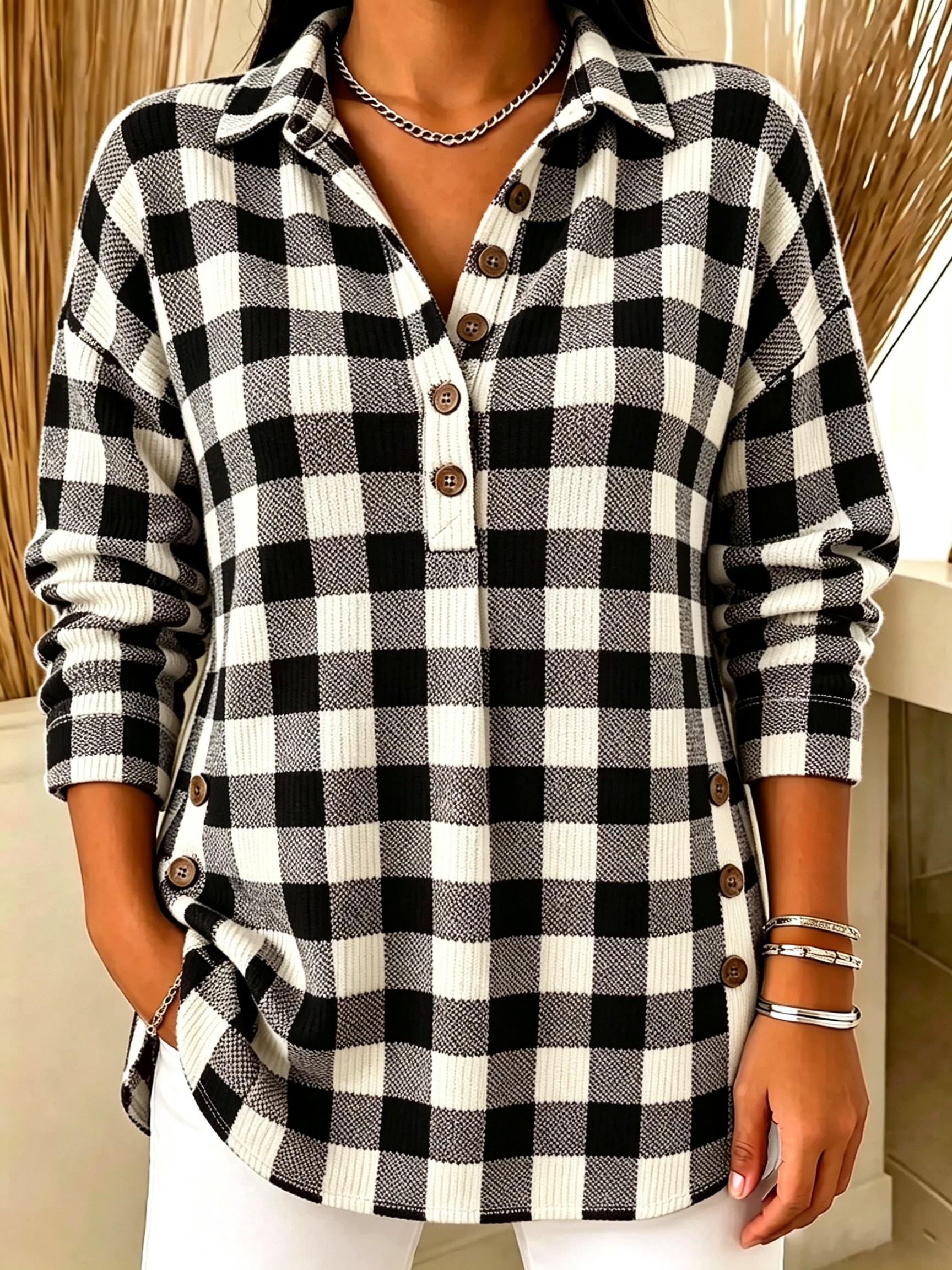 Plaid Henley Collar Knit Top
