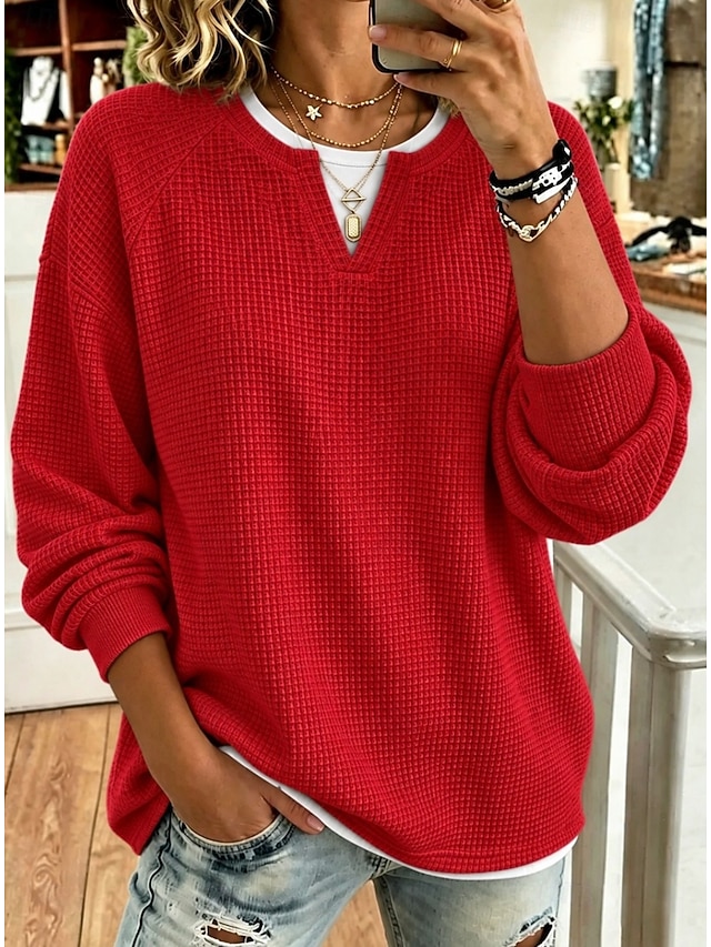 🧑‍✈️ BUY 2 FREE SHIPPING🧑‍✈️   Women’s Casual Waffle Knit Top Crewneck Faux Two-Piece Long Sleeve Blouse