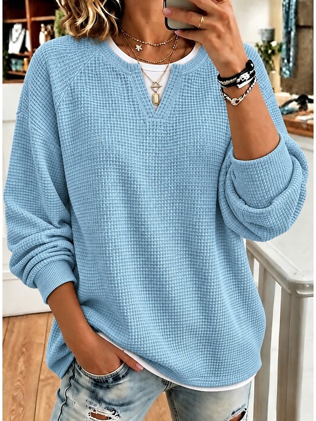 🧑‍✈️ BUY 2 FREE SHIPPING🧑‍✈️   Women’s Casual Waffle Knit Top Crewneck Faux Two-Piece Long Sleeve Blouse