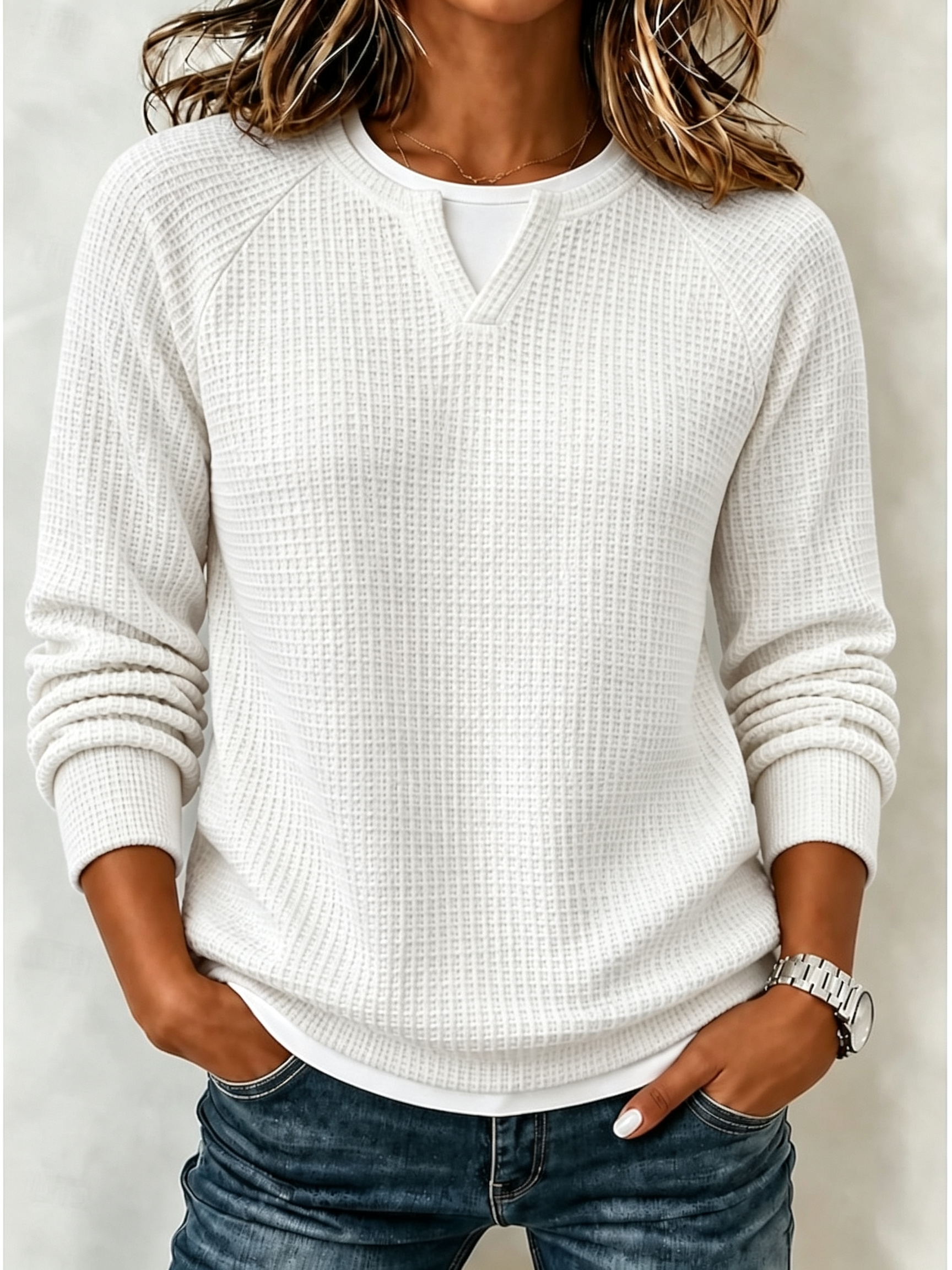 🧑‍✈️ BUY 2 FREE SHIPPING🧑‍✈️   Women’s Casual Waffle Knit Top Crewneck Faux Two-Piece Long Sleeve Blouse