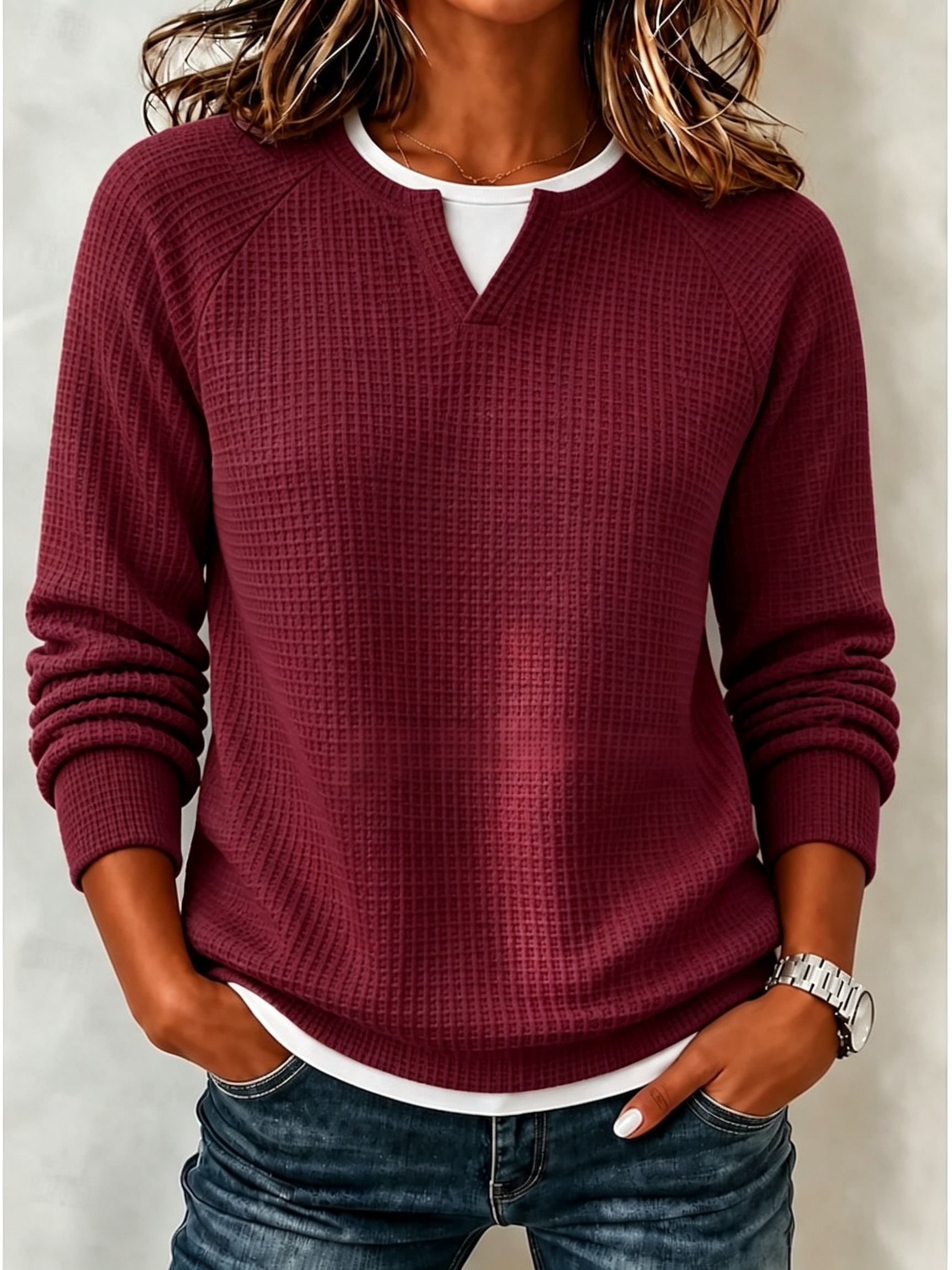 🧑‍✈️ BUY 2 FREE SHIPPING🧑‍✈️   Women’s Casual Waffle Knit Top Crewneck Faux Two-Piece Long Sleeve Blouse