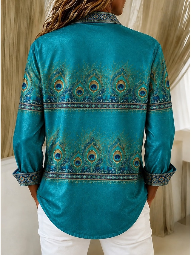 ✨Women’s Casual Peacock Print Shirt Button Front Long Sleeve Blouse