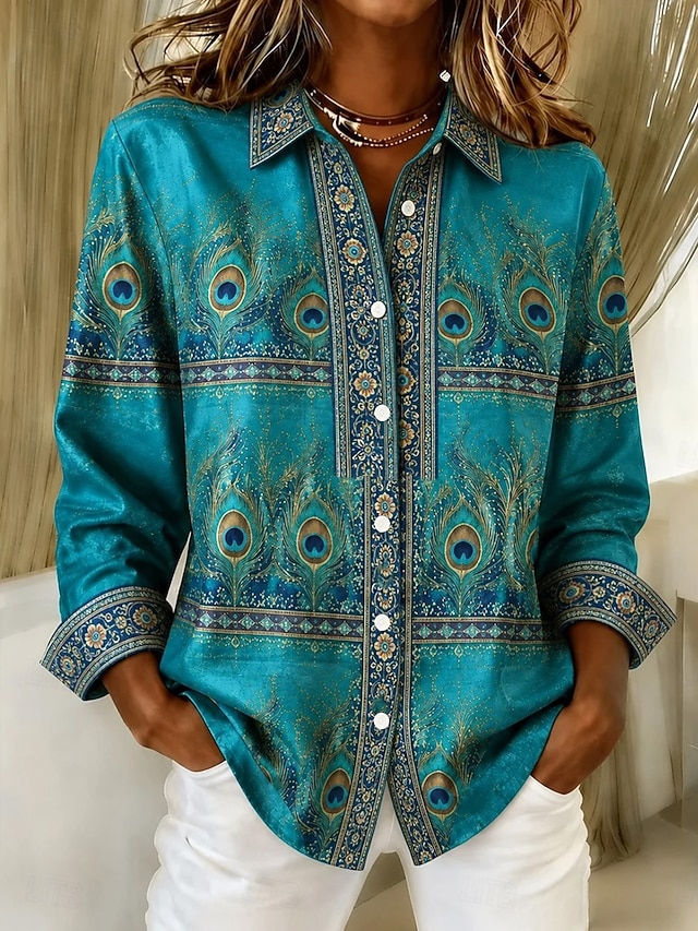 ✨Women’s Casual Peacock Print Shirt Button Front Long Sleeve Blouse
