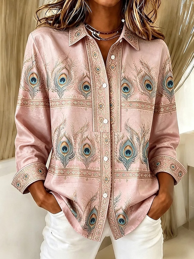✨Women’s Casual Peacock Print Shirt Button Front Long Sleeve Blouse