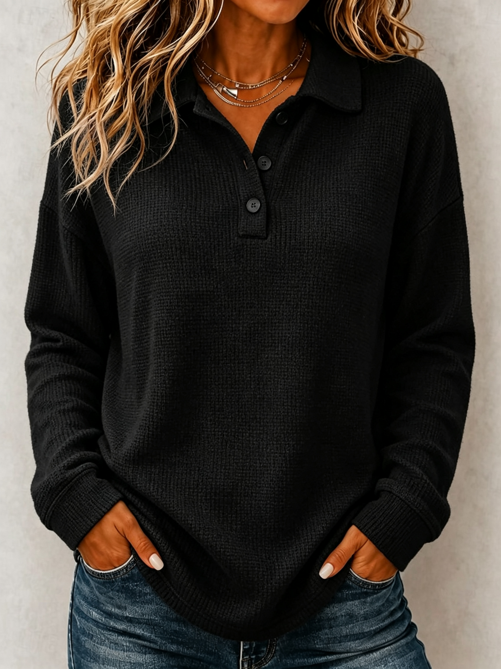 🍂 Women’s Casual Waffle Knit Polo Top Button V-Neck Long Sleeve Blouse