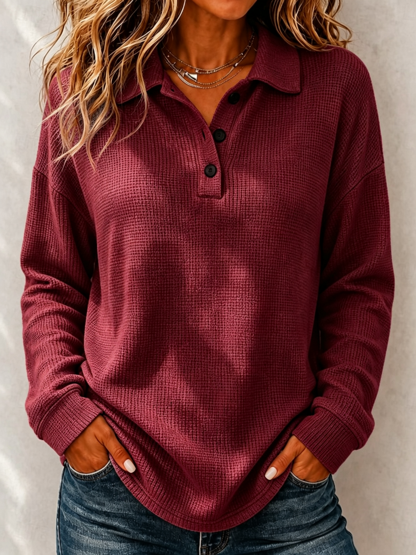 🍂 Women’s Casual Waffle Knit Polo Top Button V-Neck Long Sleeve Blouse