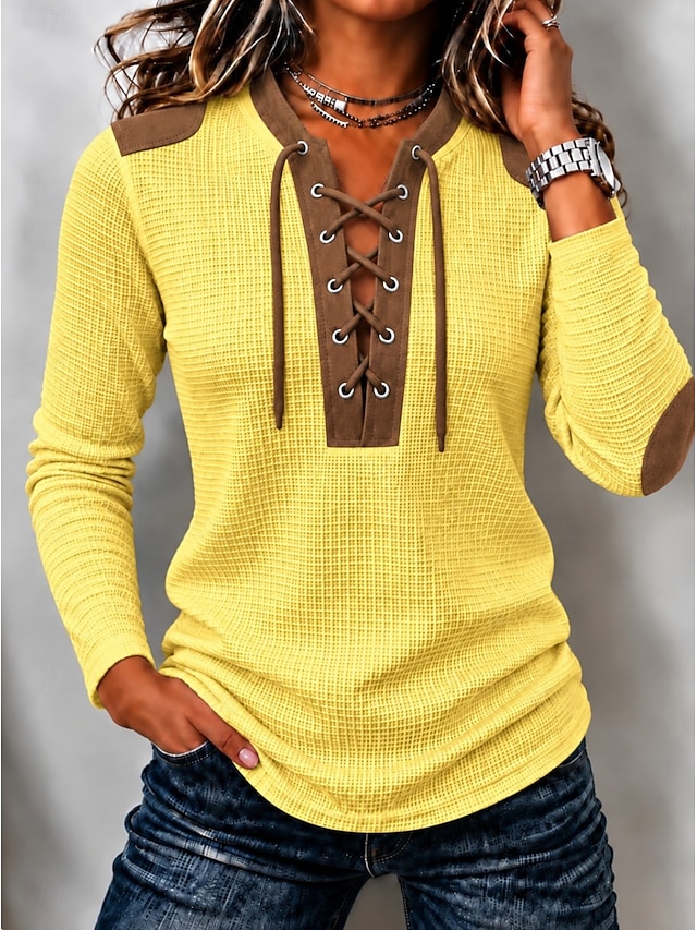 🤎Women’s Casual Waffle Knit Top Contrast Lace-Up V-Neck Long Sleeve Blouse