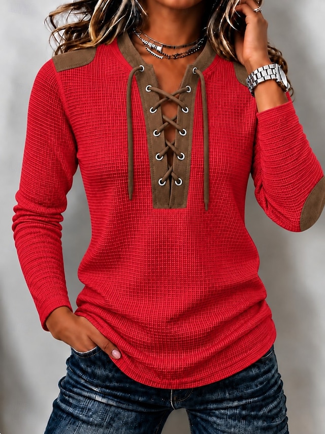 🤎Women’s Casual Waffle Knit Top Contrast Lace-Up V-Neck Long Sleeve Blouse