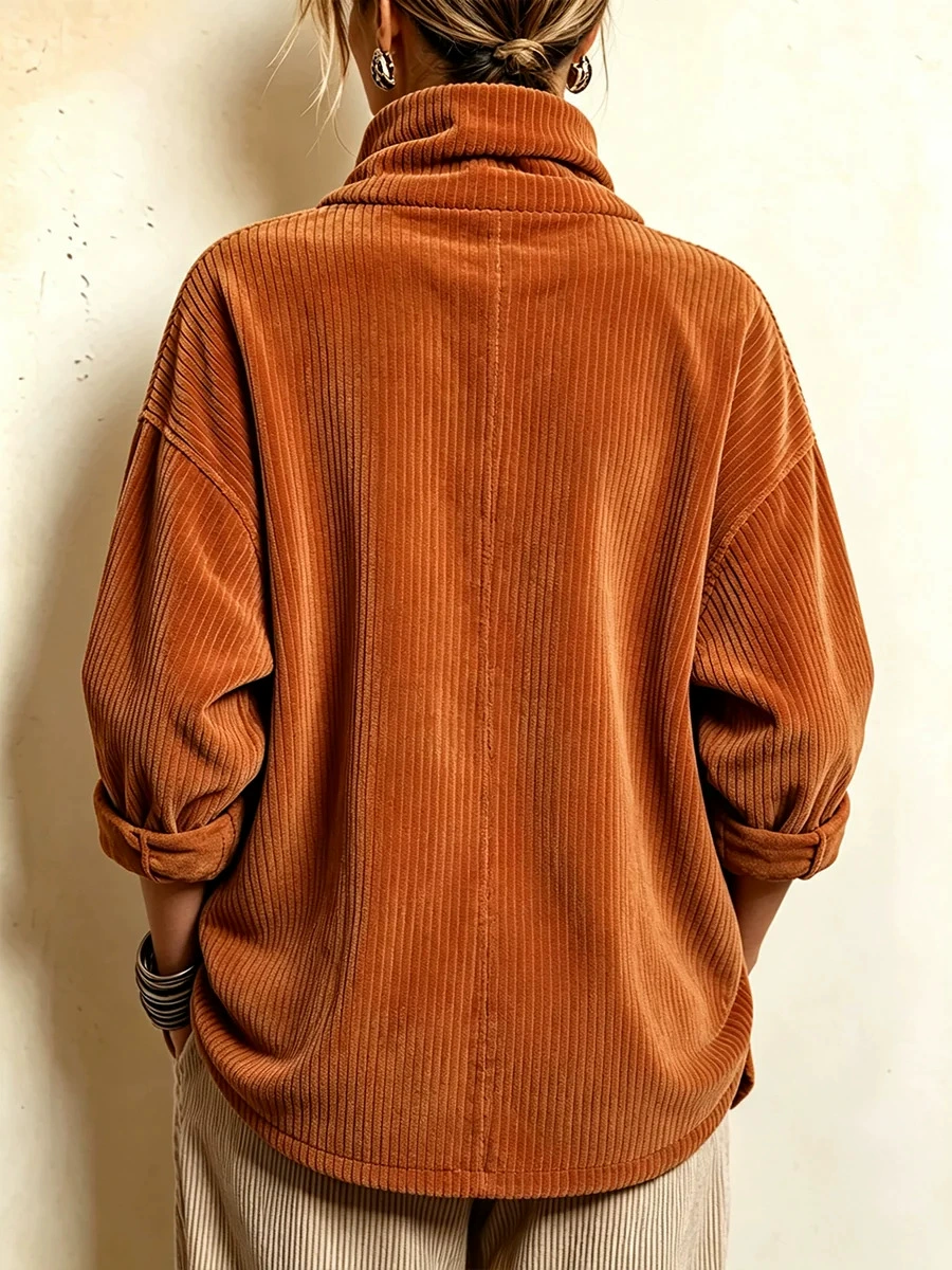 🤎 Women’s Autumn Mock Neck Corduroy Top Asymmetric Button Casual Blouse