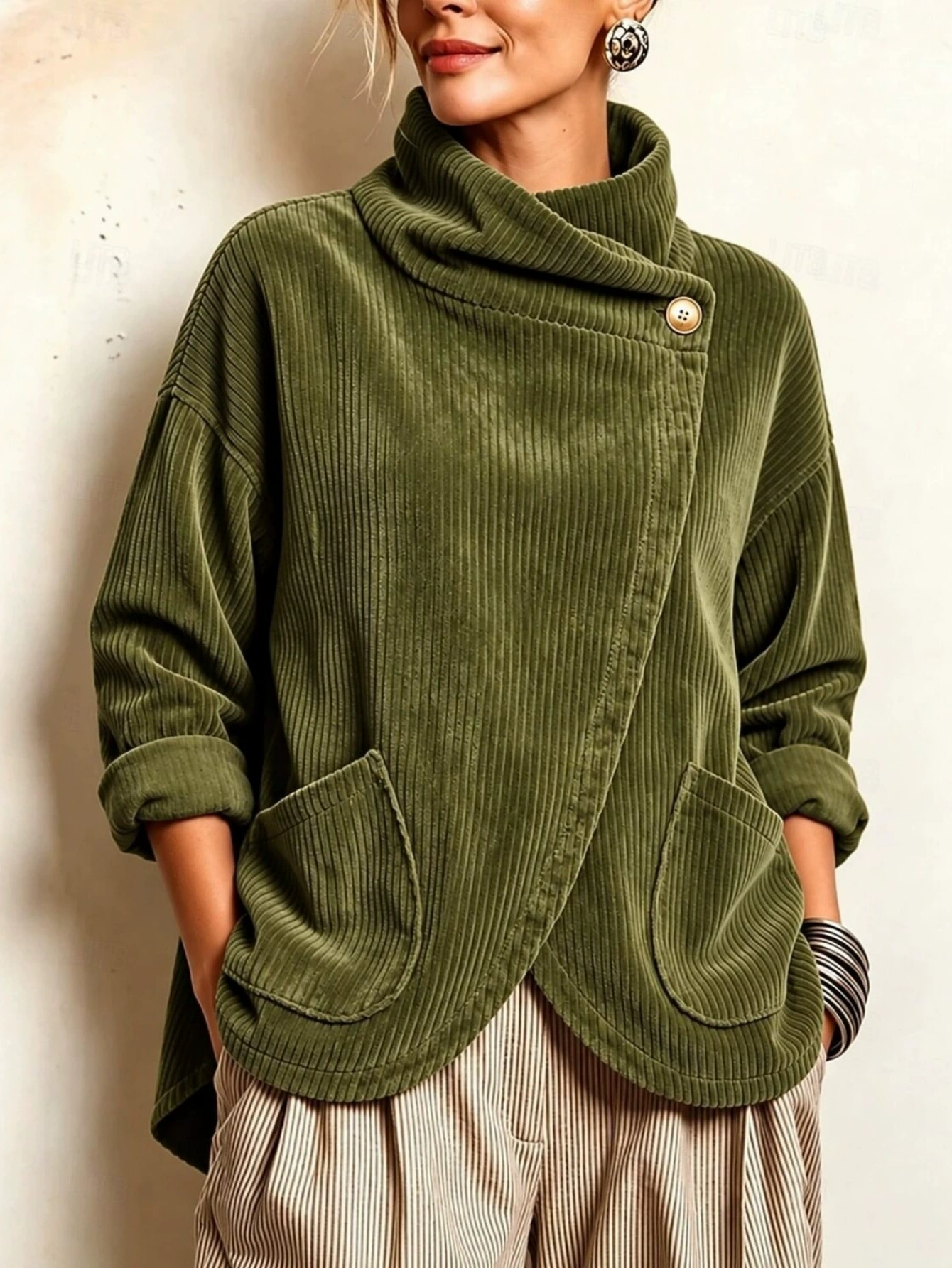 🤎 Women’s Autumn Mock Neck Corduroy Top Asymmetric Button Casual Blouse