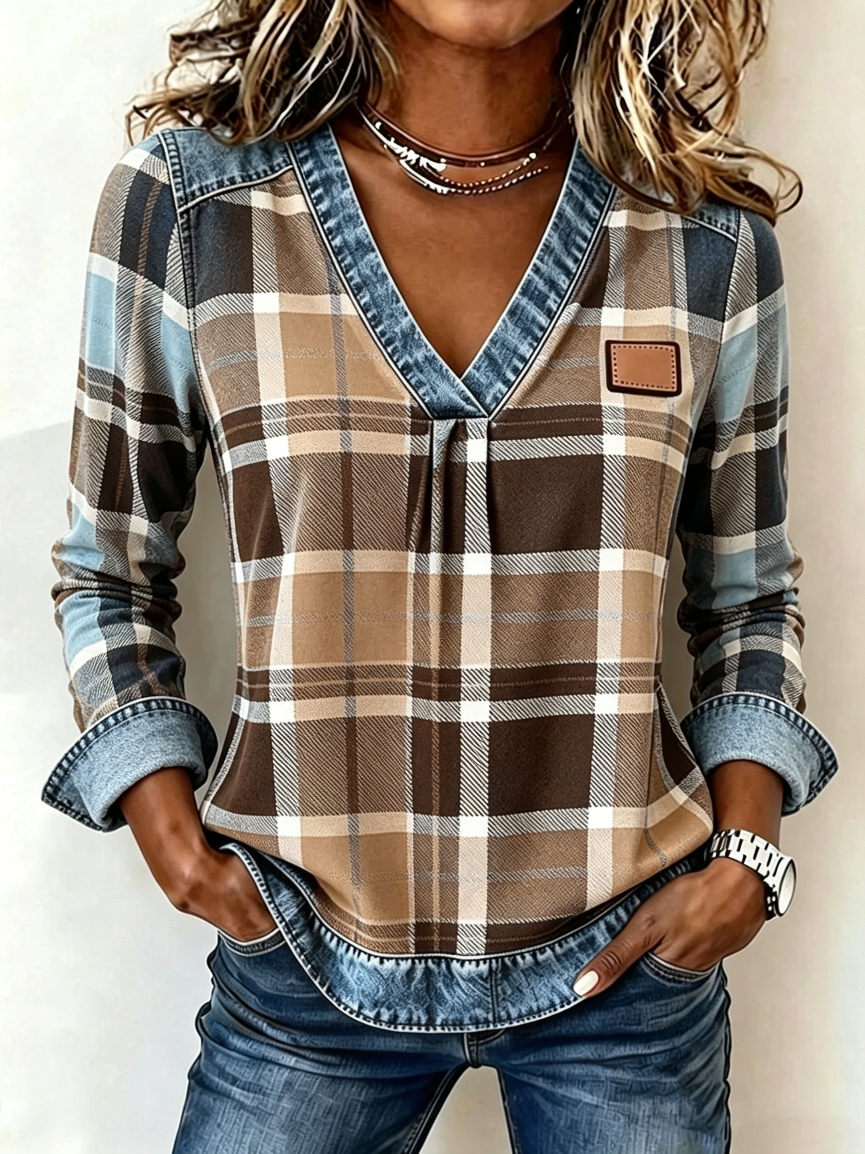 🔥 CLEARANCE SALE | ✨Women’s Autumn V-Neck Plaid Top Denim Trim Long Sleeve Casual Blouse