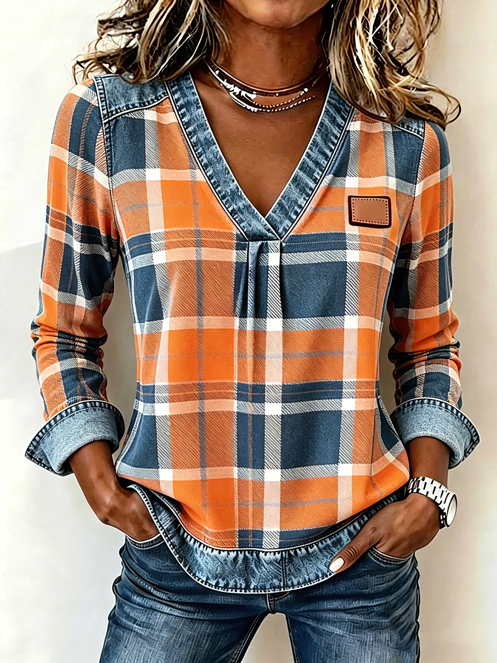 🔥 CLEARANCE SALE | ✨Women’s Autumn V-Neck Plaid Top Denim Trim Long Sleeve Casual Blouse
