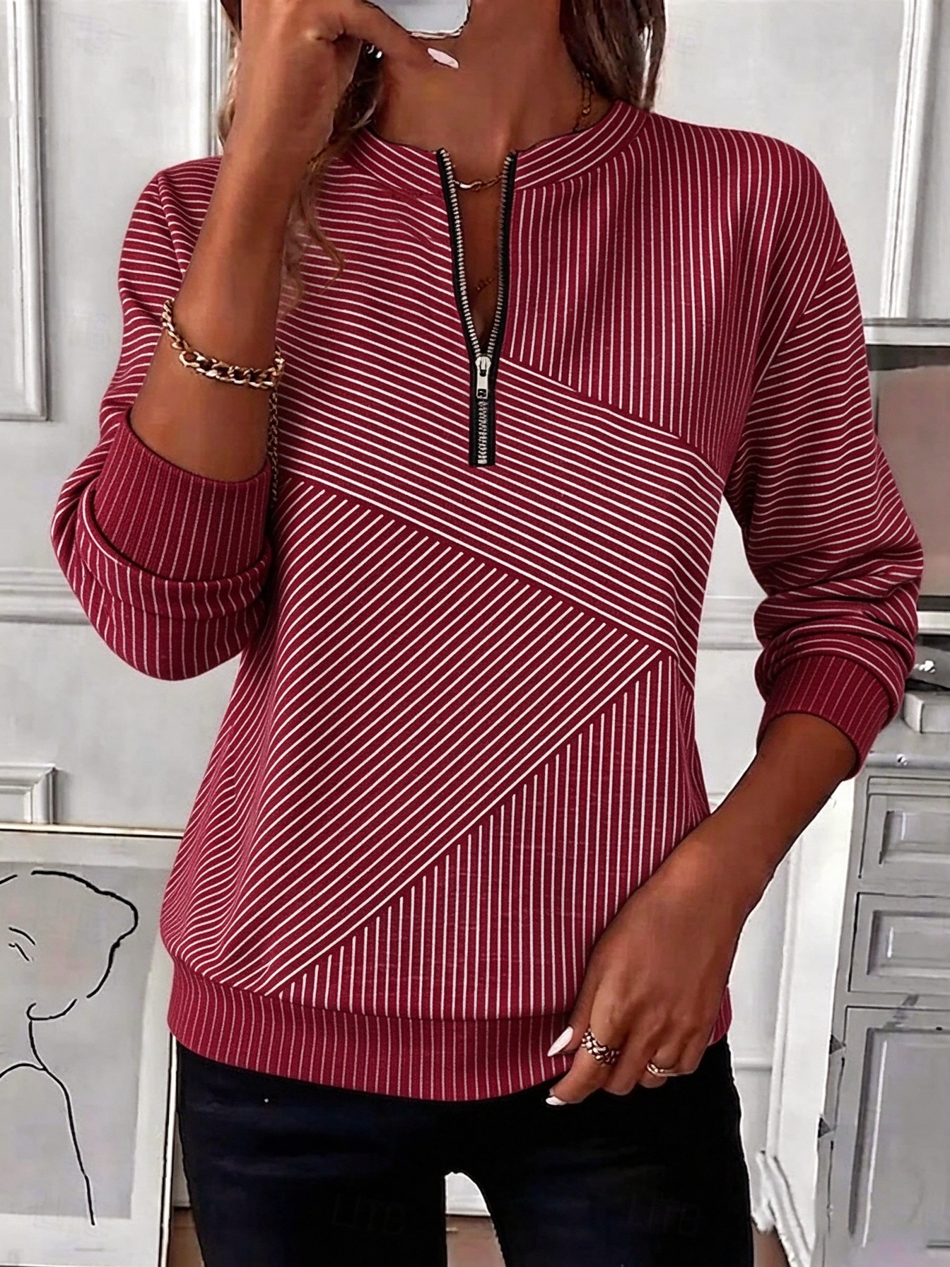 🔥❤️‍Black Friday Best-Sellers🎃❤️‍ ✨Striped Half-Zip Round Neck Top