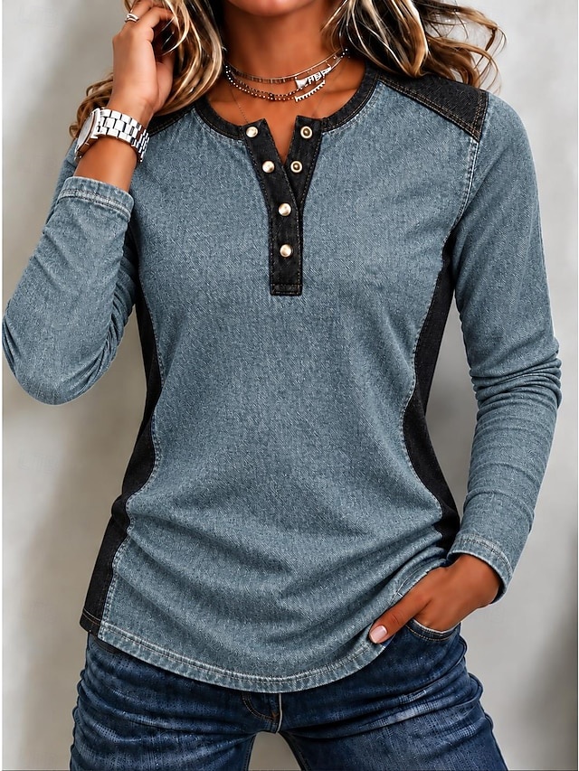 ✨Denim Panel Half-Button Top