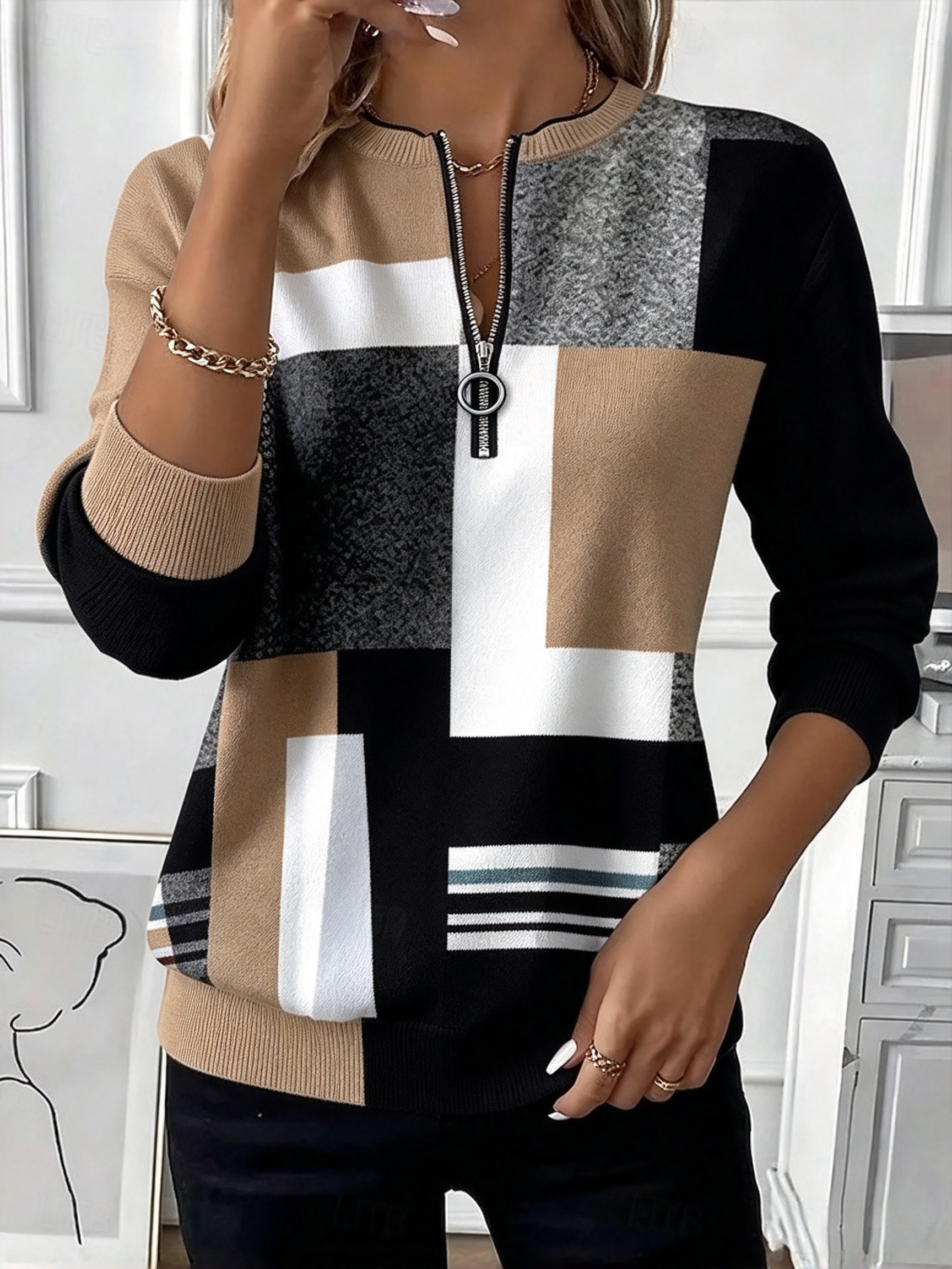 🔥❤️‍Black Friday Best-Sellers🎃❤️‍ ✨🍁 Women’s Autumn Color Block Top Half-Zip Long Sleeve Casual Sweater Blouse