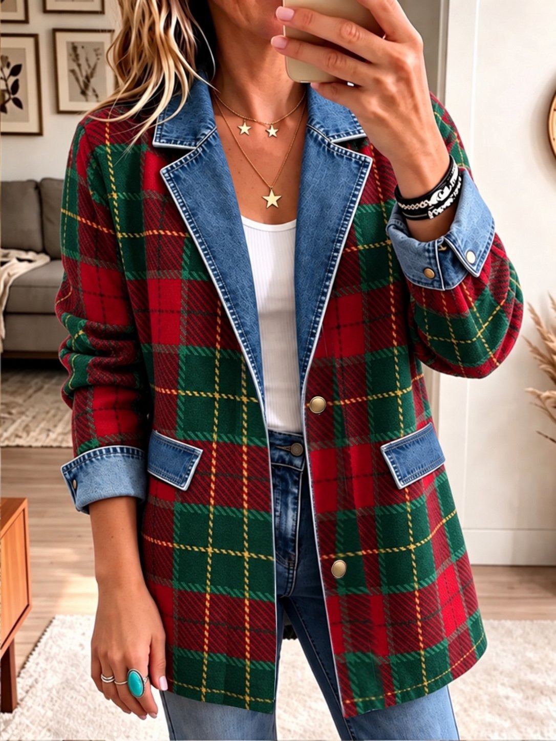 ✨Women’s Autumn Denim Patchwork Plaid Jacket Long Sleeve Button Front Blazer Coat