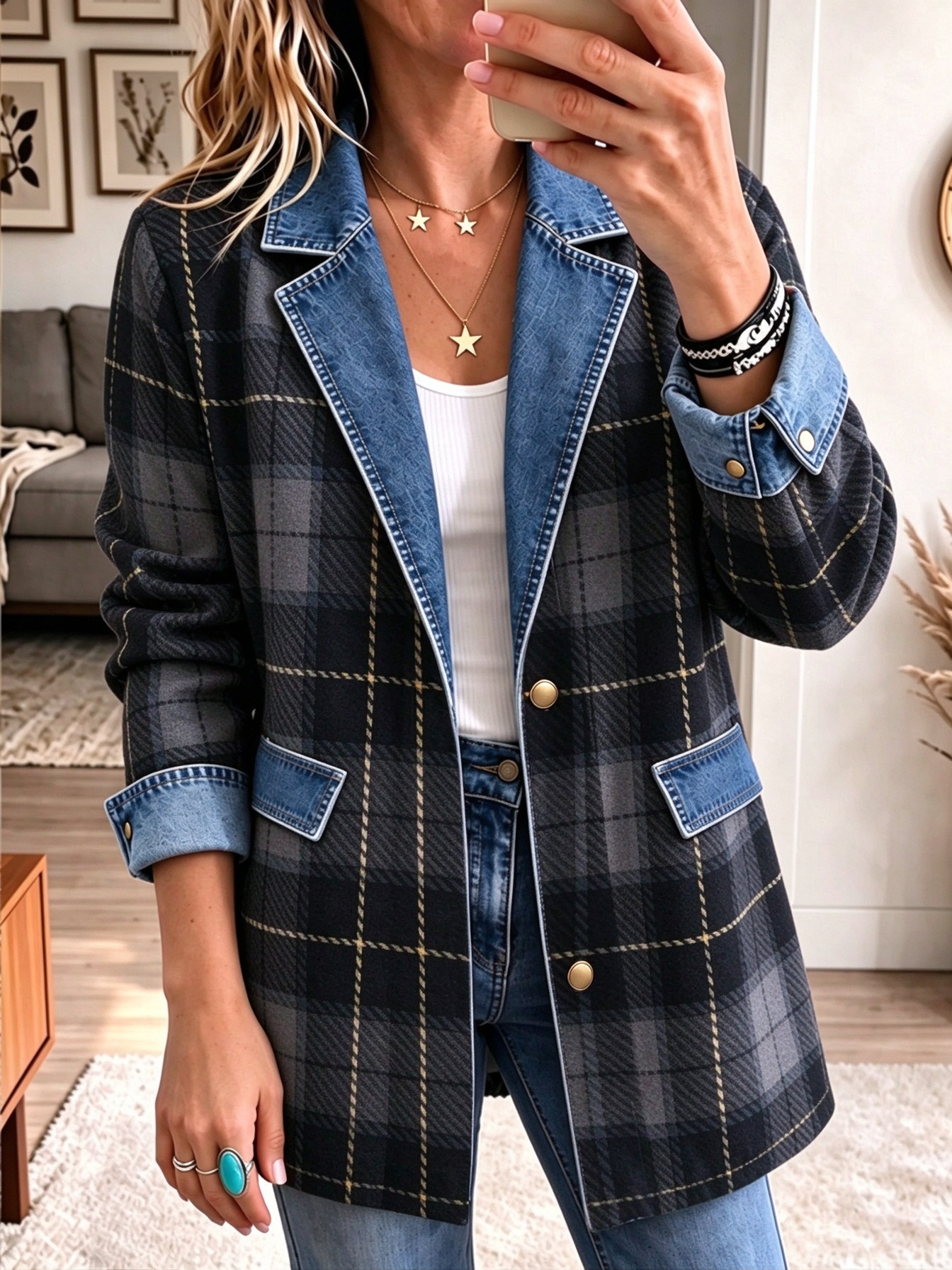 ✨Women’s Autumn Denim Patchwork Plaid Jacket Long Sleeve Button Front Blazer Coat