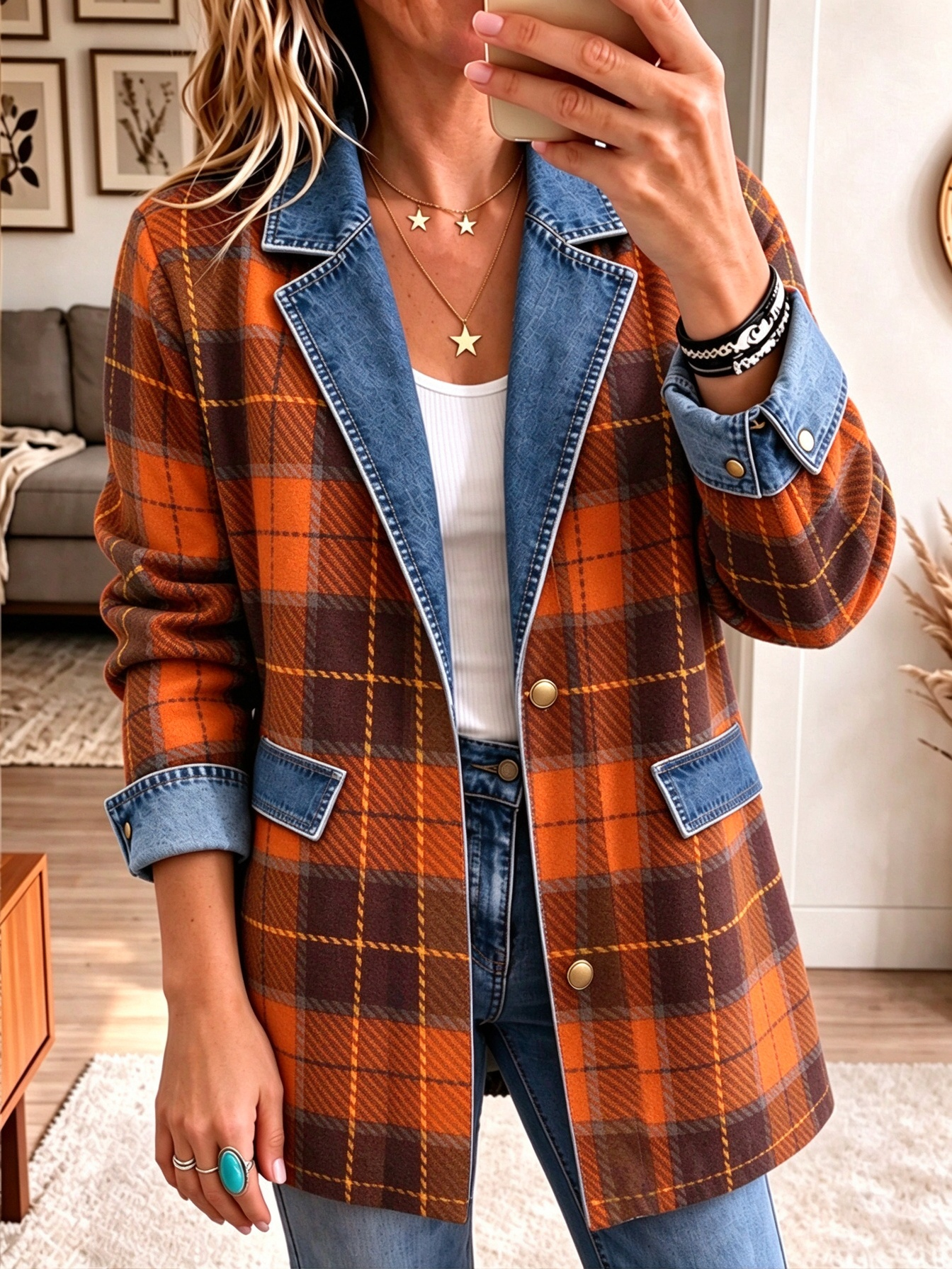 ✨Women’s Autumn Denim Patchwork Plaid Jacket Long Sleeve Button Front Blazer Coat