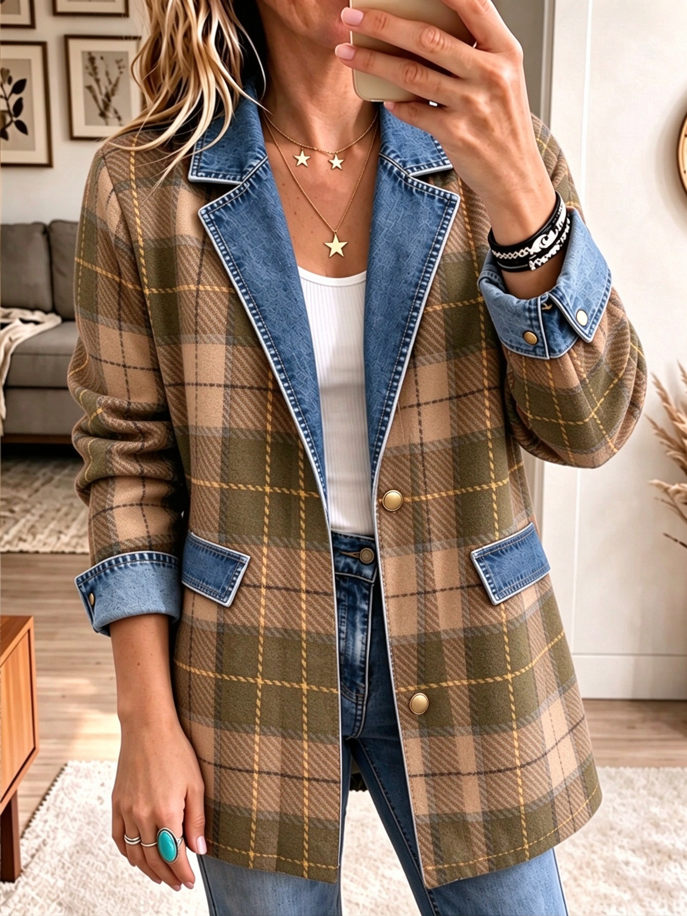 ✨Women’s Autumn Denim Patchwork Plaid Jacket Long Sleeve Button Front Blazer Coat