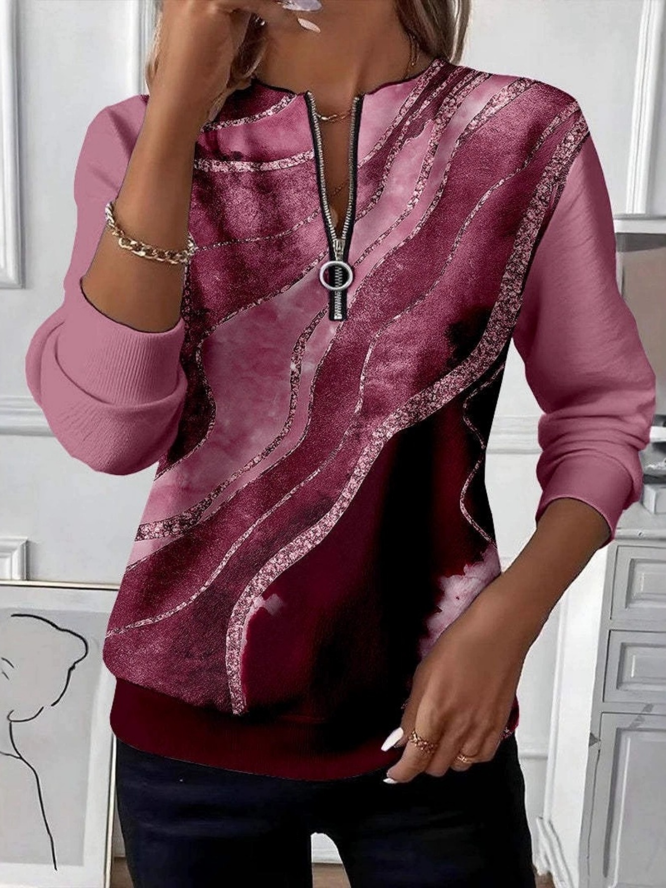 🔥❤️‍New Arrival Best-Sellers🎃❤️‍ 🔥Gradient Wave Ring Zip Round Neck Casual Top