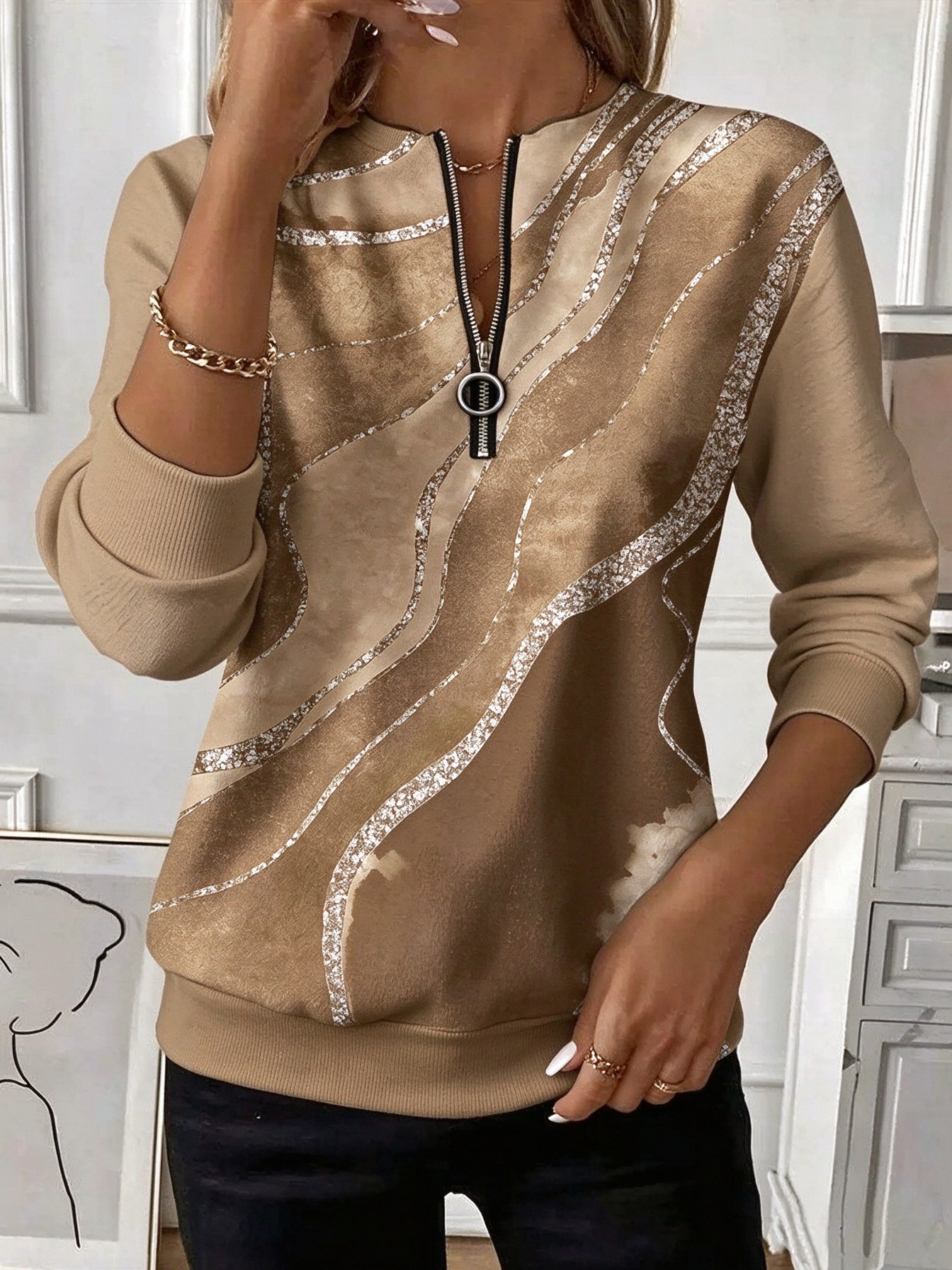 🔥❤️‍New Arrival Best-Sellers🎃❤️‍ 🔥Gradient Wave Ring Zip Round Neck Casual Top