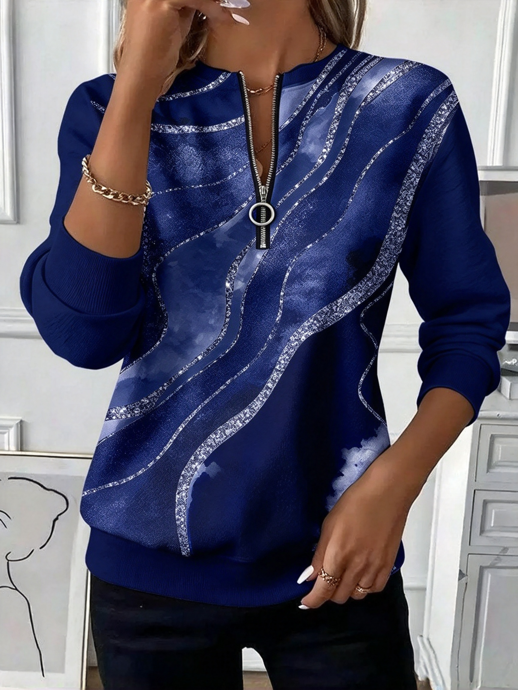 🔥❤️‍New Arrival Best-Sellers🎃❤️‍ 🔥Gradient Wave Ring Zip Round Neck Casual Top