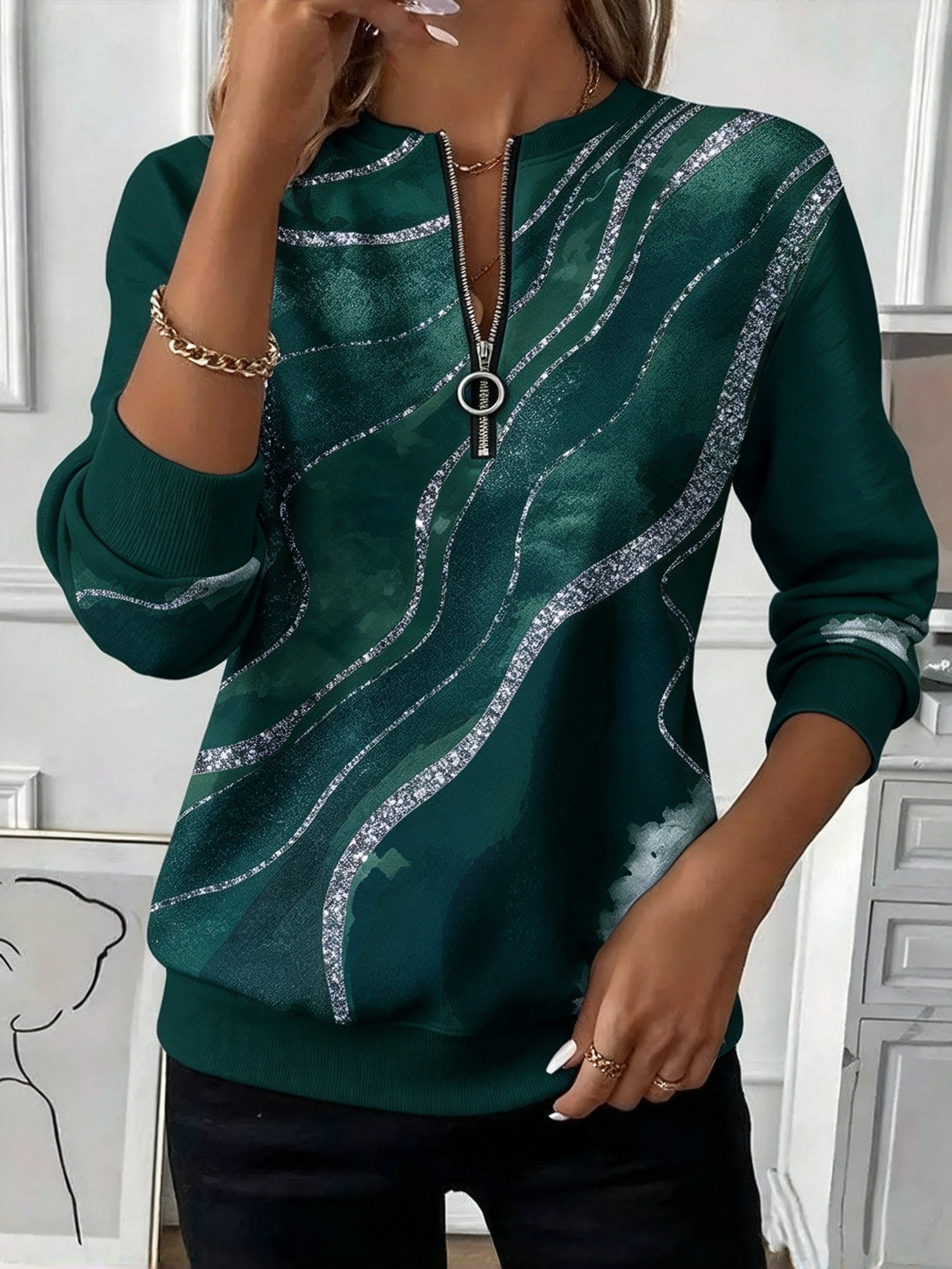 🔥❤️‍New Arrival Best-Sellers🎃❤️‍ 🔥Gradient Wave Ring Zip Round Neck Casual Top