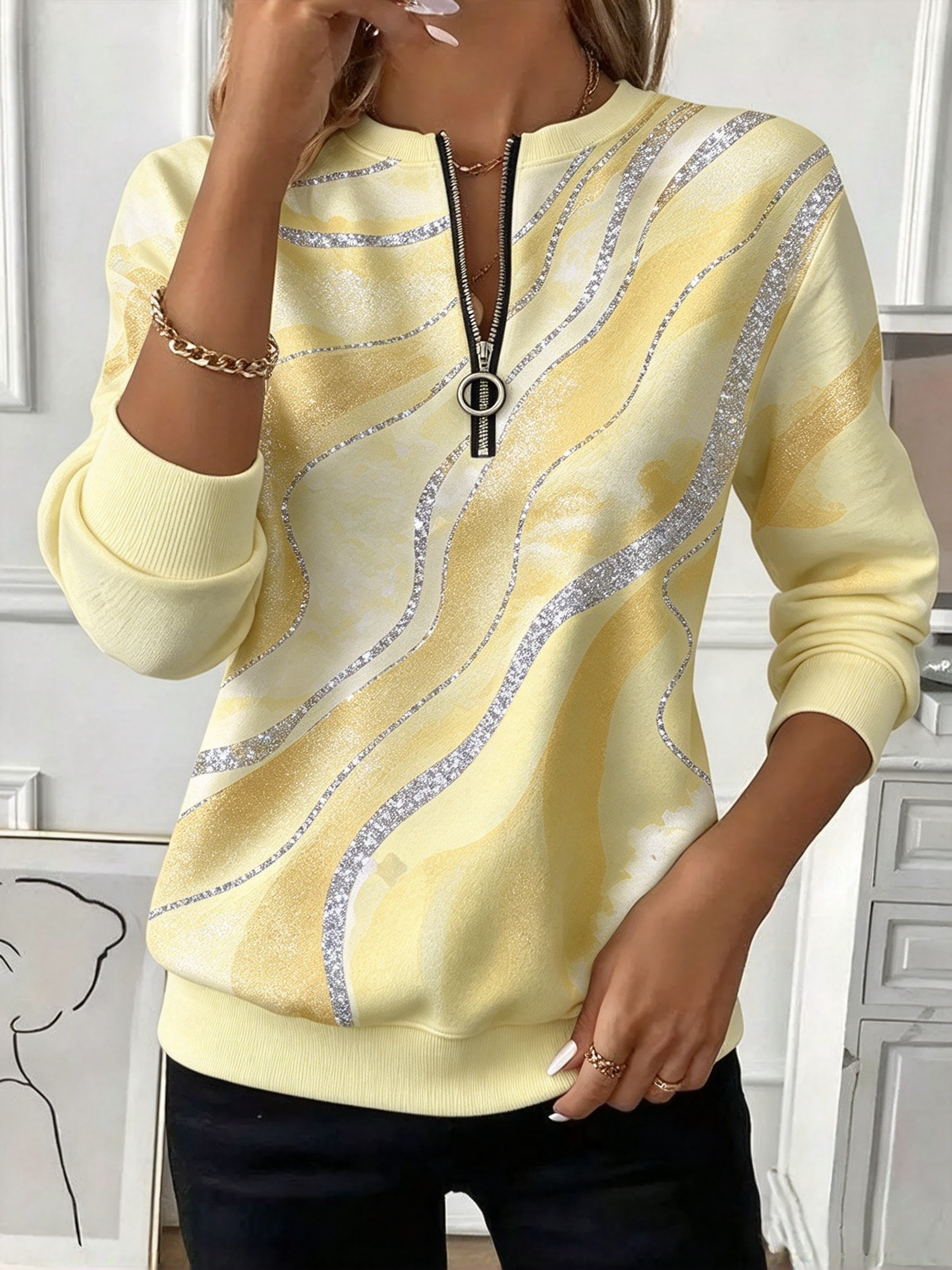 🔥❤️‍New Arrival Best-Sellers🎃❤️‍ 🔥Gradient Wave Ring Zip Round Neck Casual Top