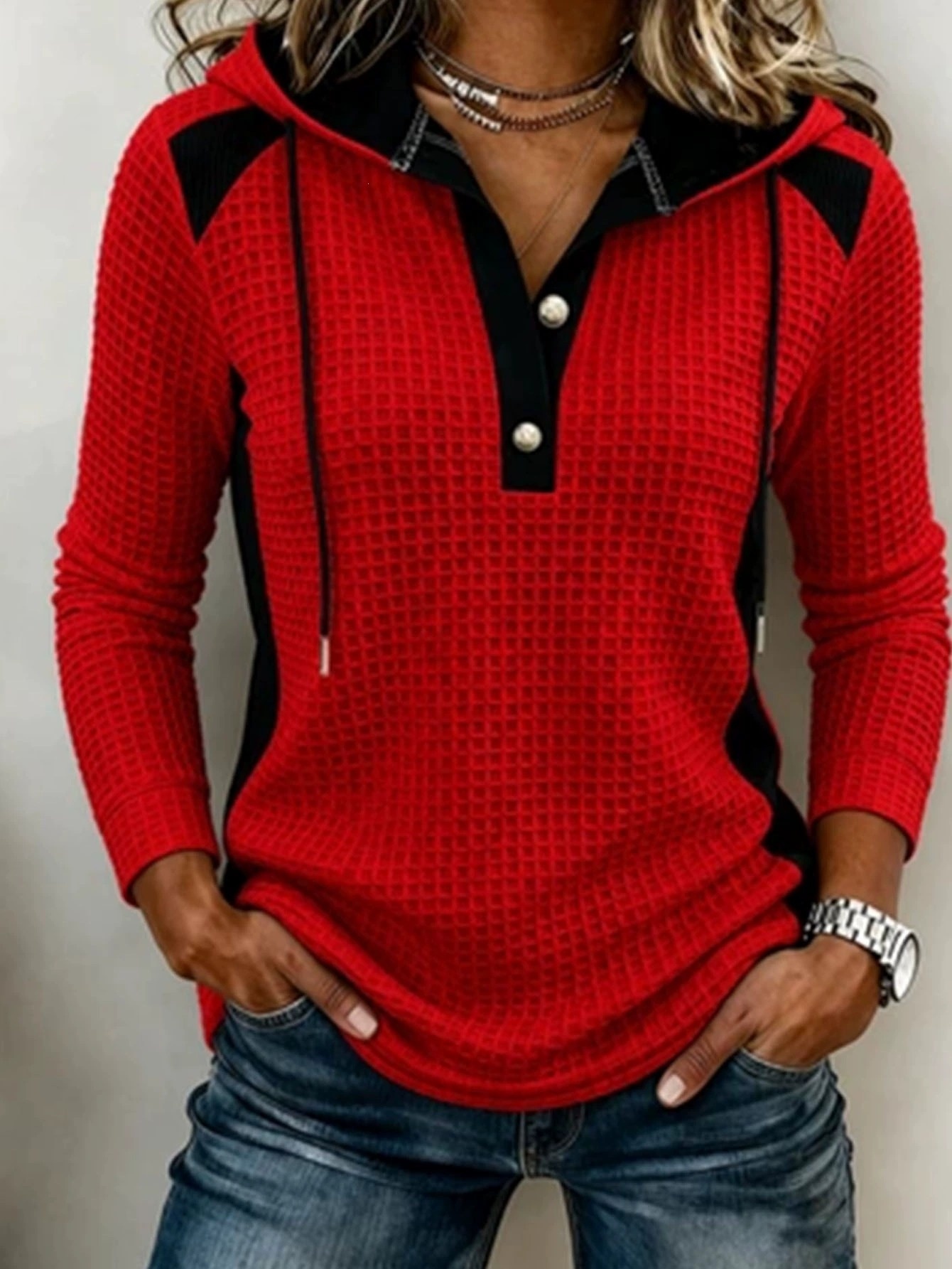 🍁 Women’s Autumn Casual Hoodie Color Block Long Sleeve Waffle Knit Top