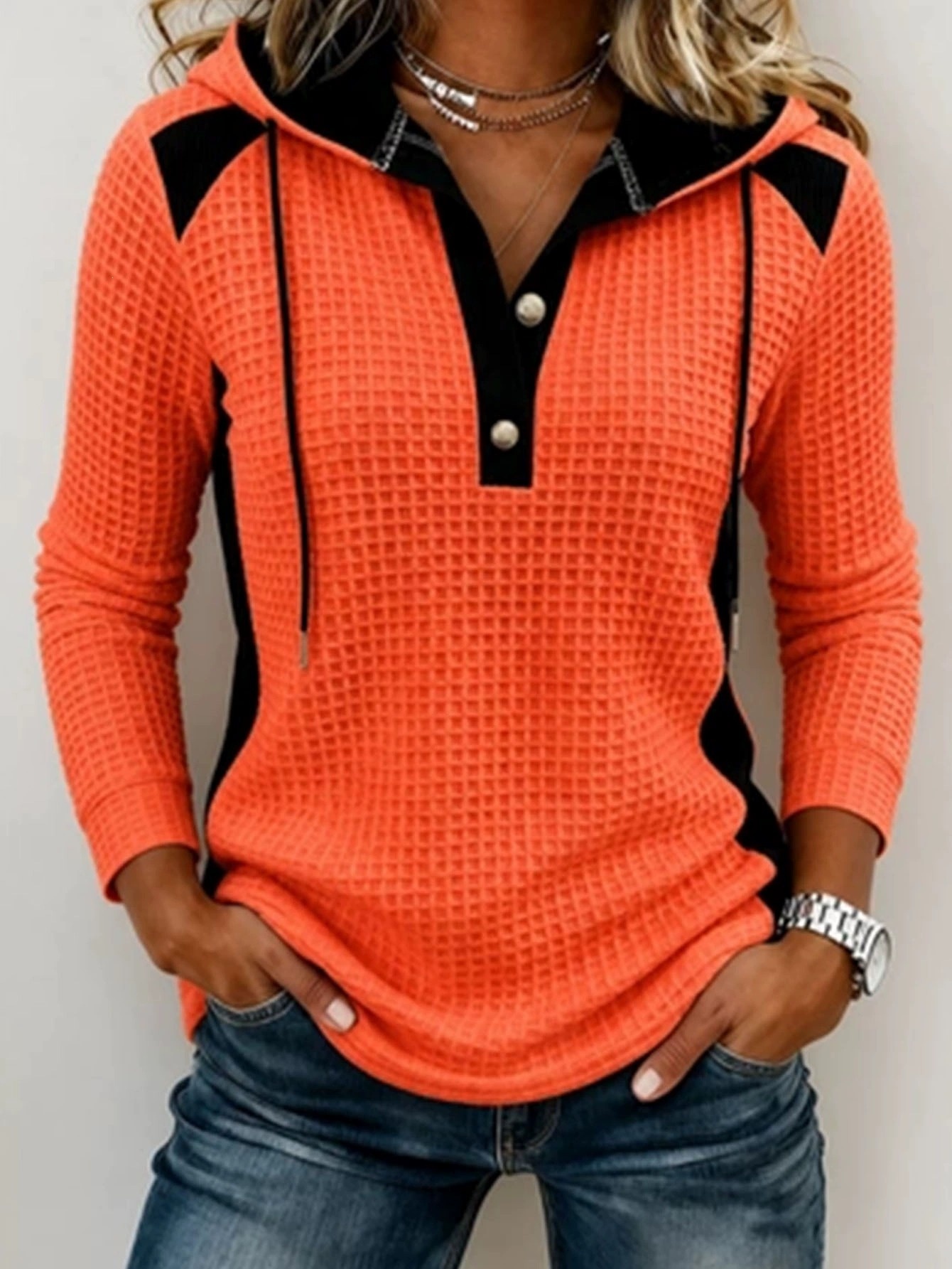 🍁 Women’s Autumn Casual Hoodie Color Block Long Sleeve Waffle Knit Top