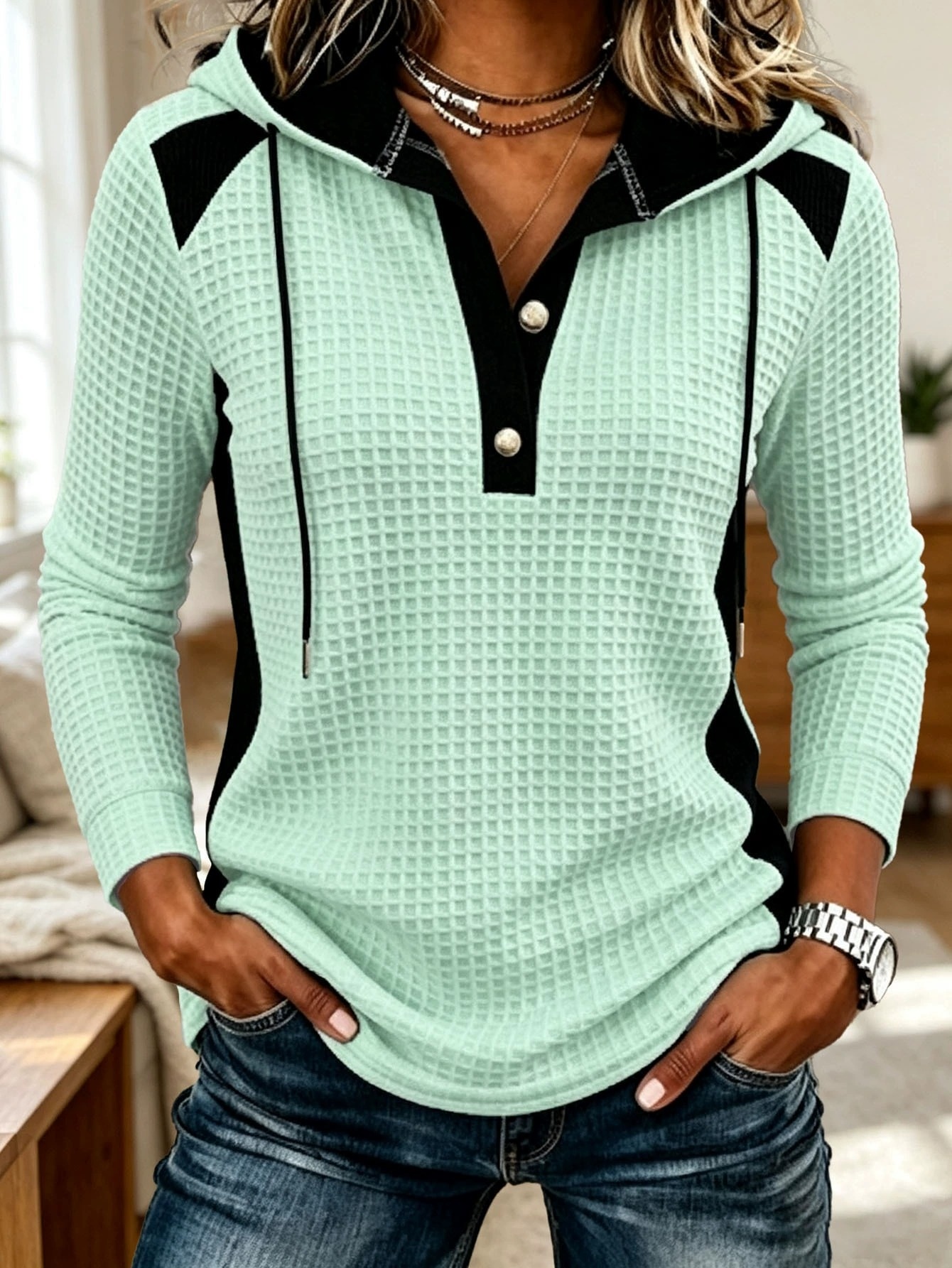 🍁 Women’s Autumn Casual Hoodie Color Block Long Sleeve Waffle Knit Top