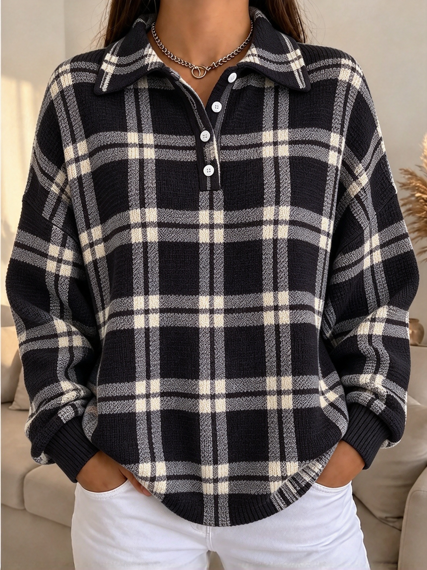 🔥Women's Plaid Half-Placket Casual Top