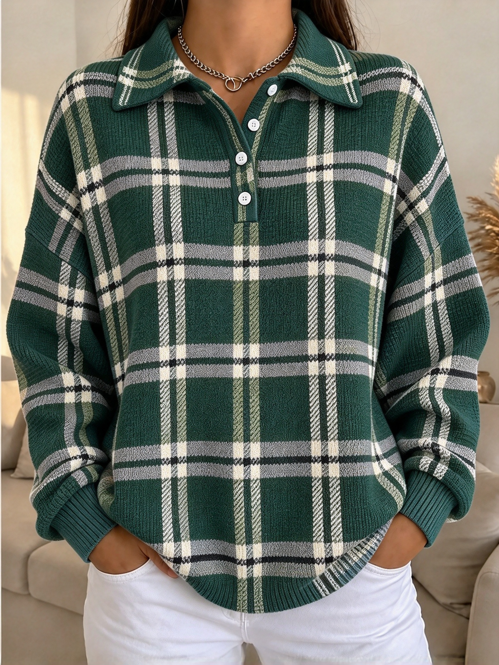🔥Women's Plaid Half-Placket Casual Top