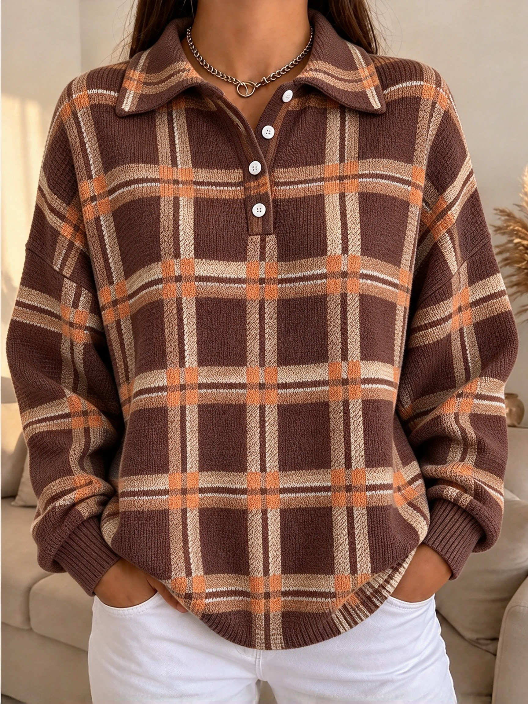 🔥Women's Plaid Half-Placket Casual Top