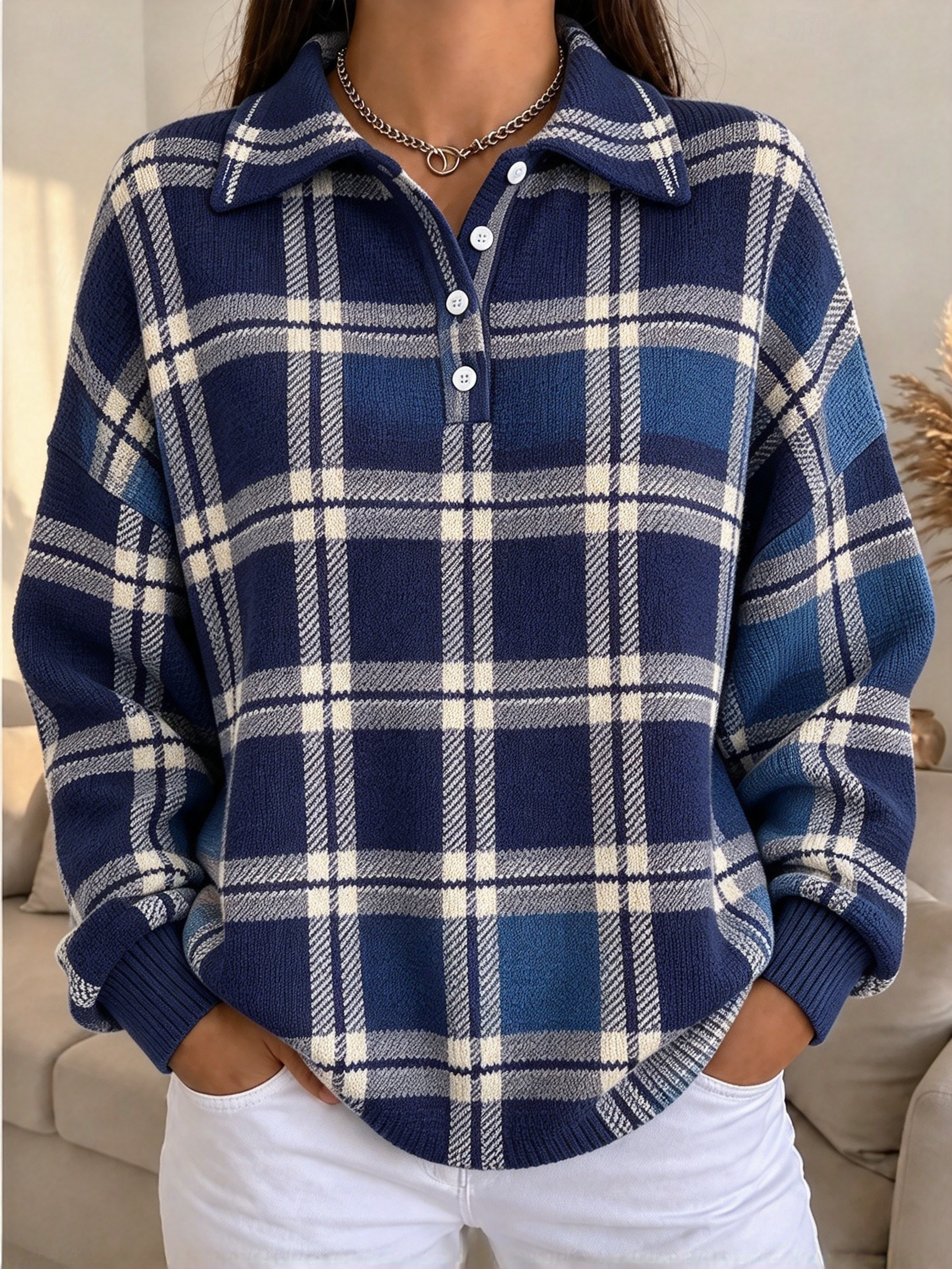 🔥Women's Plaid Half-Placket Casual Top
