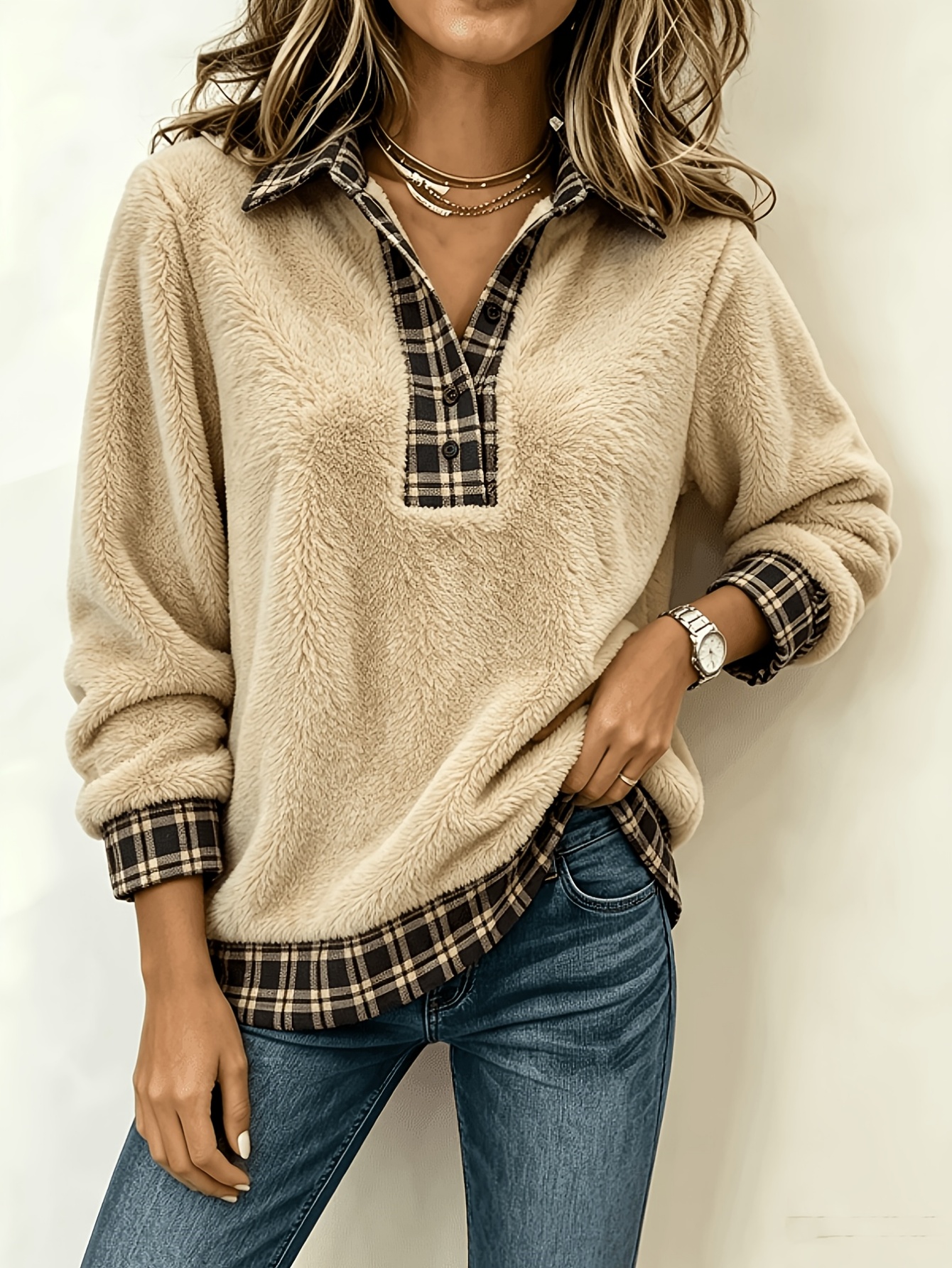 🔥Women's Fuzzy Polo Collar Plaid Half-Placket Casual Top