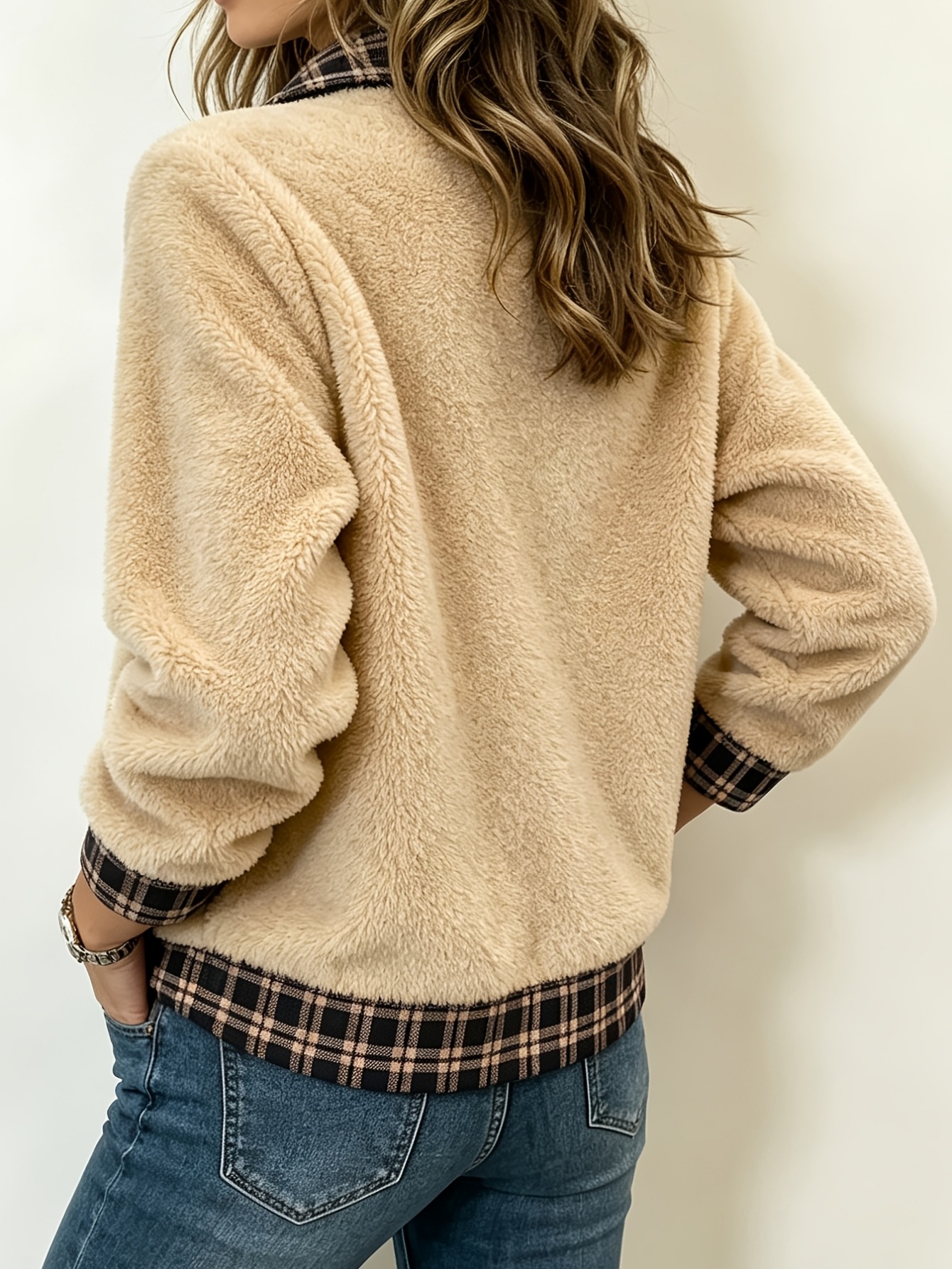 🔥Women's Fuzzy Polo Collar Plaid Half-Placket Casual Top