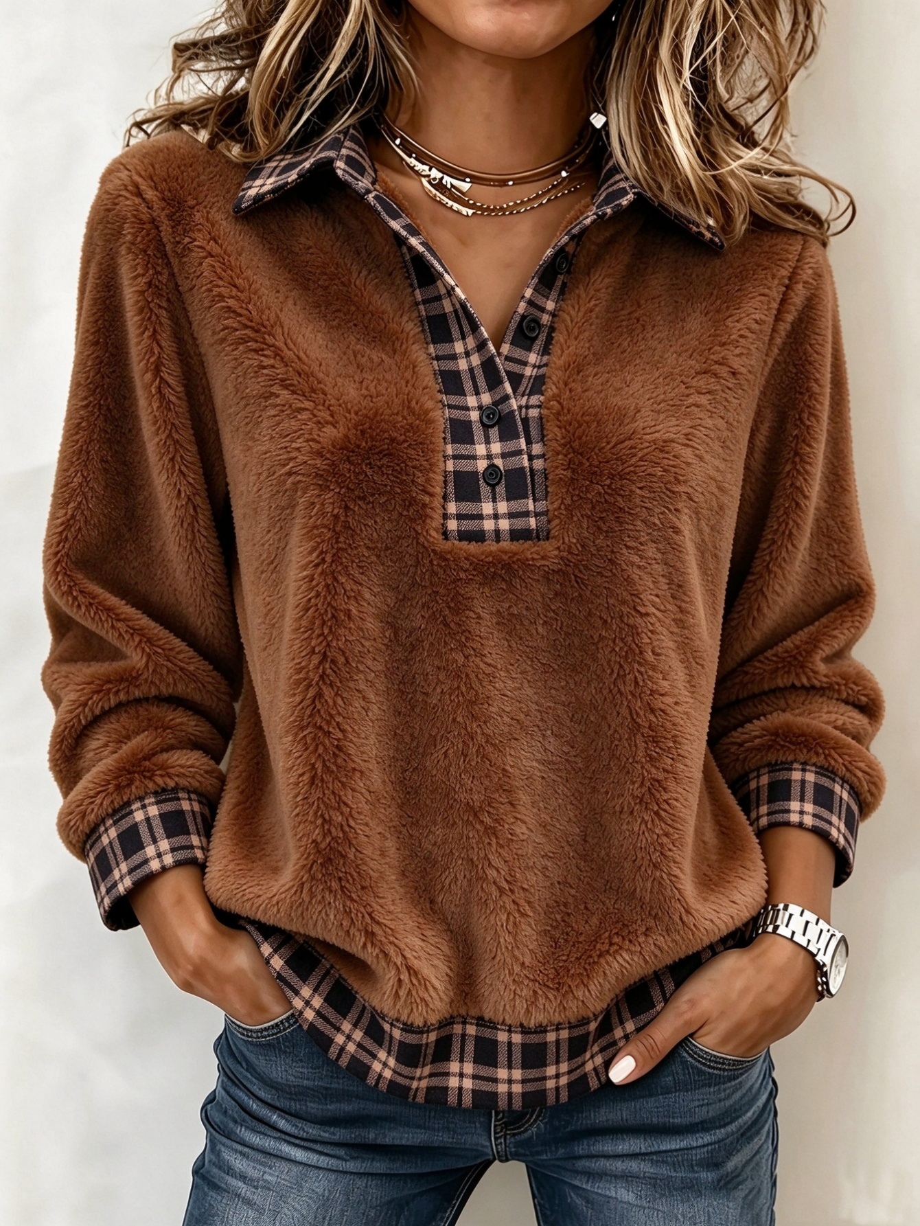 🔥Women's Fuzzy Polo Collar Plaid Half-Placket Casual Top