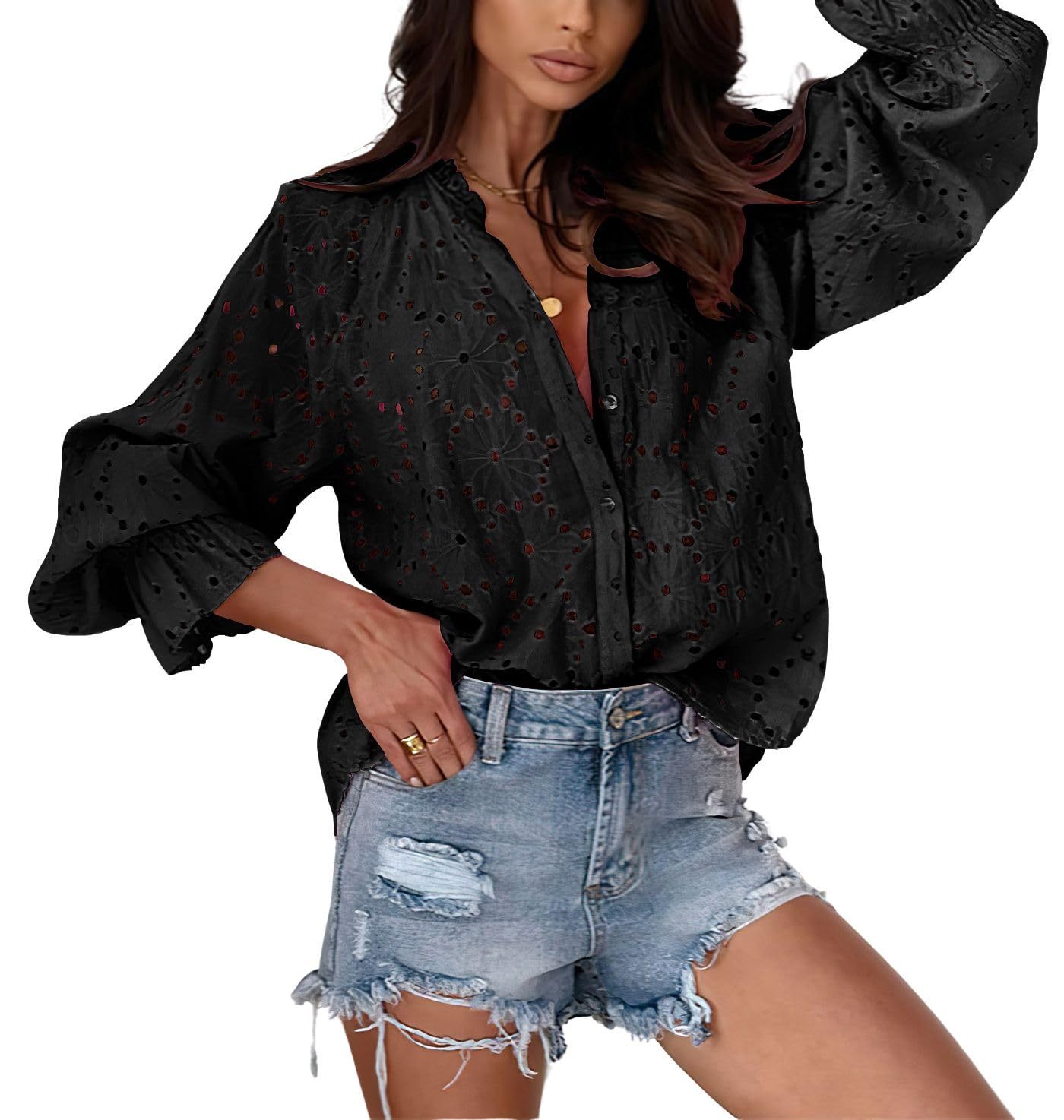 Women's Bohemian Cutout Lantern Sleeve Button Down Blouse