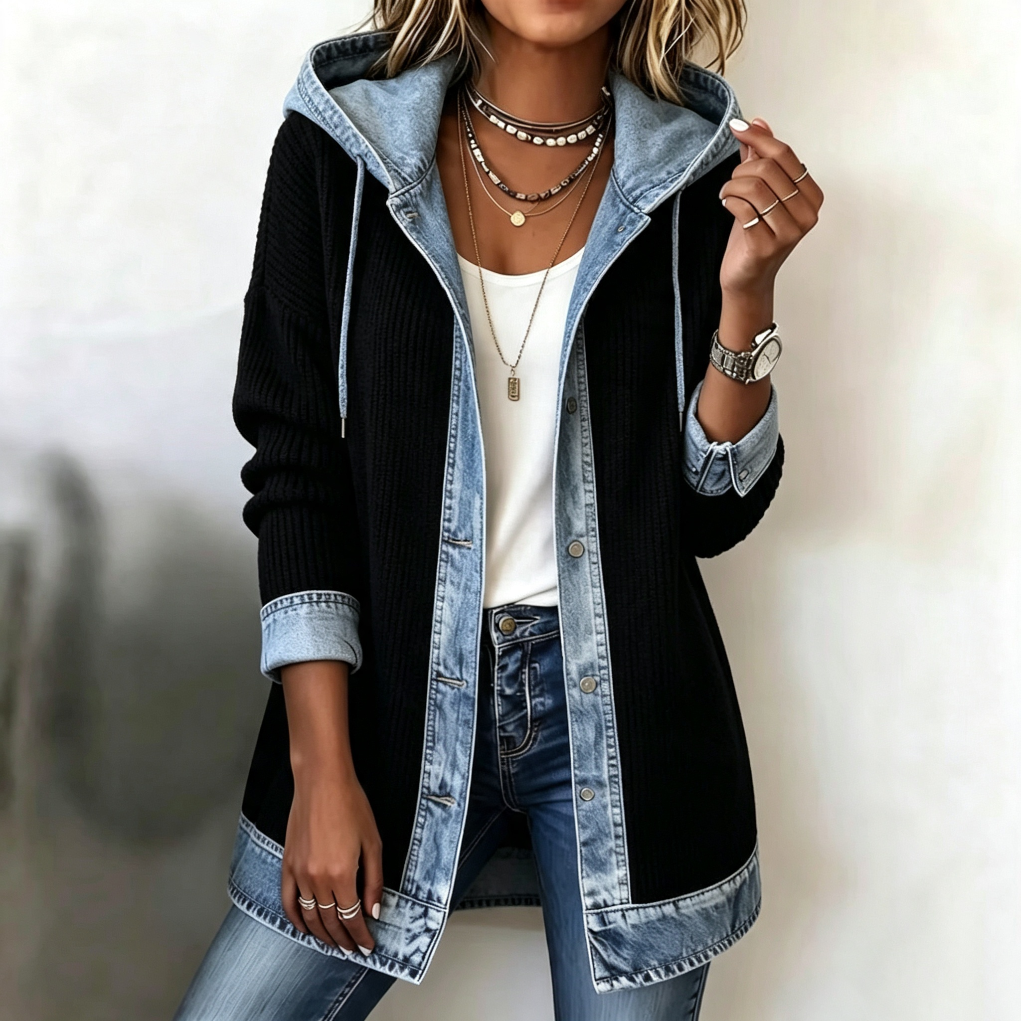 Elegant Mixed Media Denim Knit Hooded jacket Cardigan Open Front Lapel Sweater Coat Mid Length Comfort Fit Outerwear